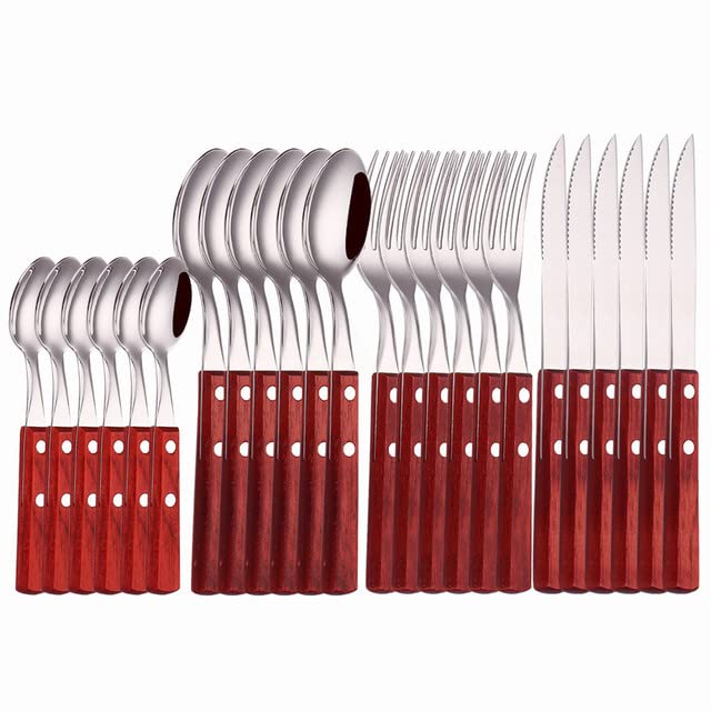 Premium Stainless Steel Silverware Set with Wooden Handle - 6-Piece Cutlery Set (Forks, Knives, Spoons) - Elegant Dinnerware for Home, Restaurant & Wedding Use - YF2 Coffee Color