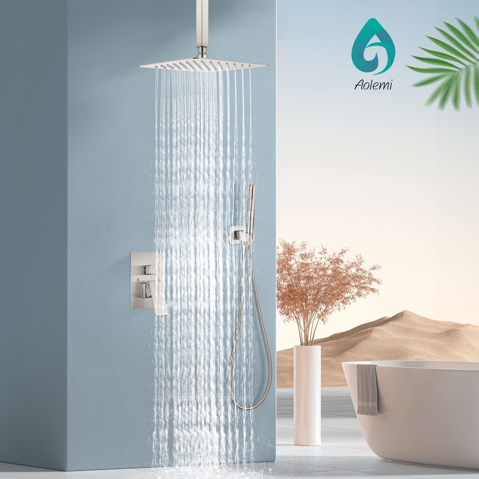 Aolemi Brushed Nickel 12 Inch Ceiling Mount Shower System - High Pressure Rainfall Shower Head & 2-in-1 Handheld Spray Combo with Rough-in Valve | Perfect for Spa-Like Bathroom Experience & Modern Home Renovation