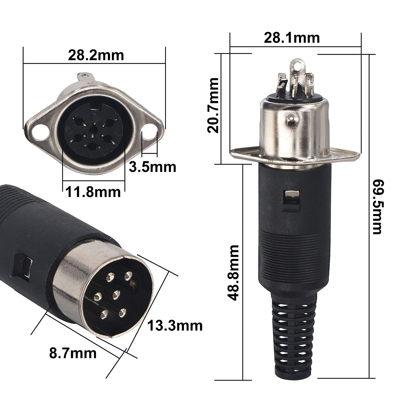 6 Pin DIN Male to Female Solder Connector & Panel Mount Adapter - Audio/AV Digital Signal Cable Connector Set of 2 for Home Theater, DJ Equipment & Professional Audio Systems