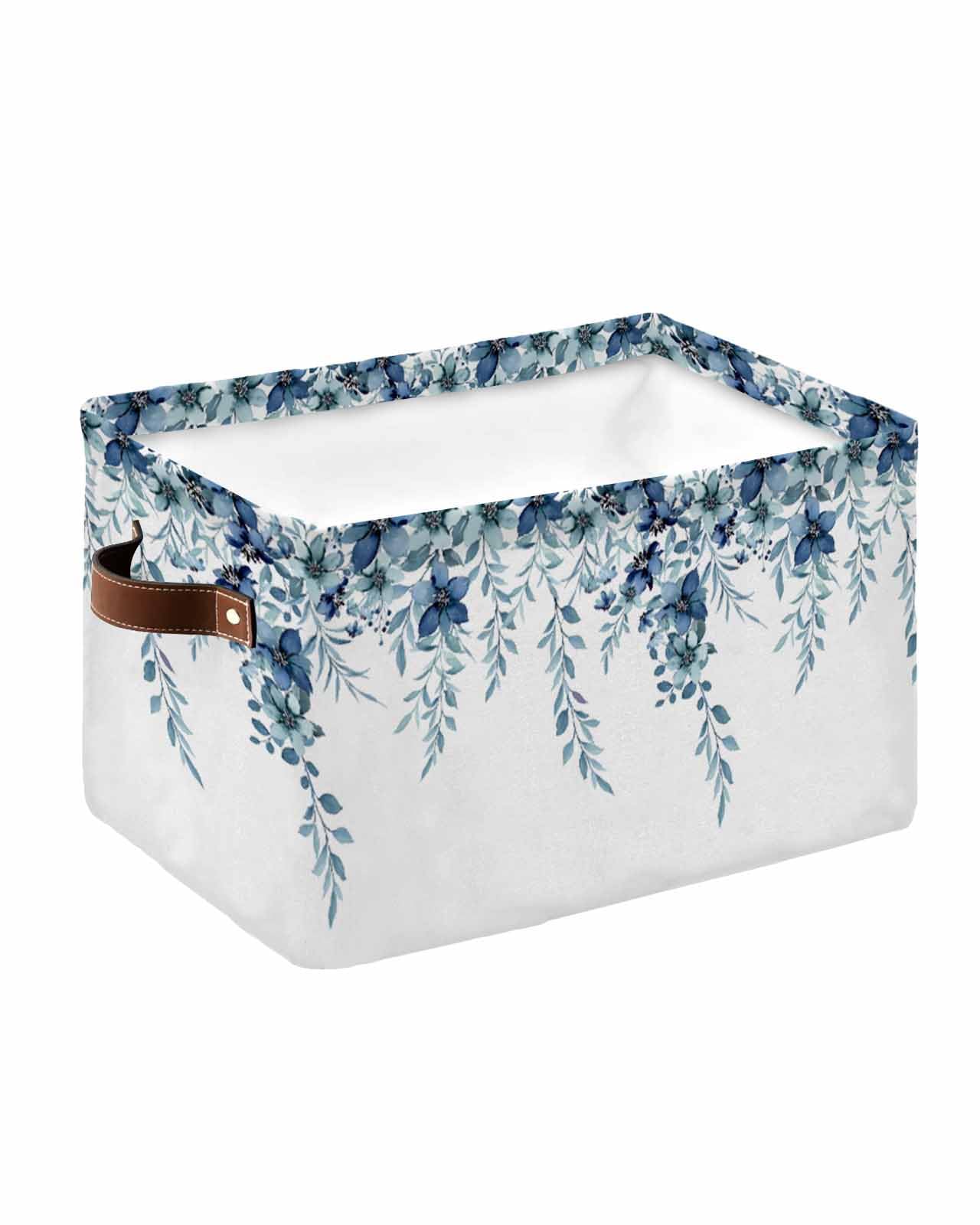 Blue Eucalyptus Leaves Cube Storage Organizer Bins with Handles - 15x11x9.5 Inch Collapsible Canvas Fabric Storage Basket for Books, Toys & Closet Organization - Decorative Weeping Blossom Vine Leaves Design - Perfect for Home, Office & Nursery (1 Pack)
