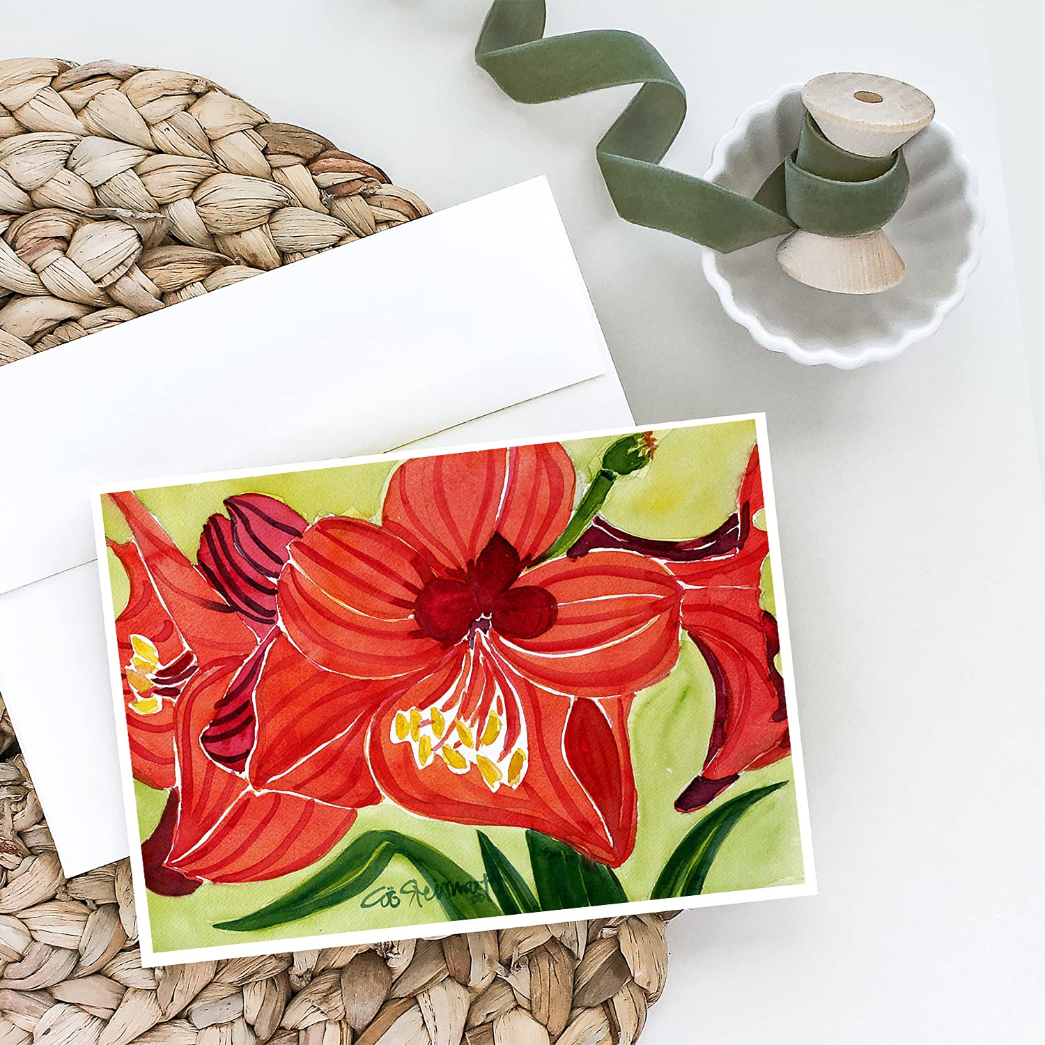 Caroline's Treasures 6055GCA7P Amaryllis Flower Greeting Cards - Pack of 8 Blank A7 Size (5x7) Note Cards with Envelopes | Whimsical Floral Design for Birthday, Thank You, Wedding & Special Occasion Greetings