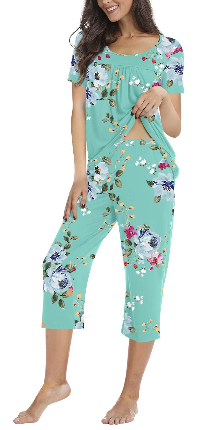 POPYOUNG Women's Summer Pajama Set - Soft 2-Piece Sleepwear with Pockets, Comfortable Short Sleeve & Capri Pajamas for Lounge, Sleep & Relaxation at Home