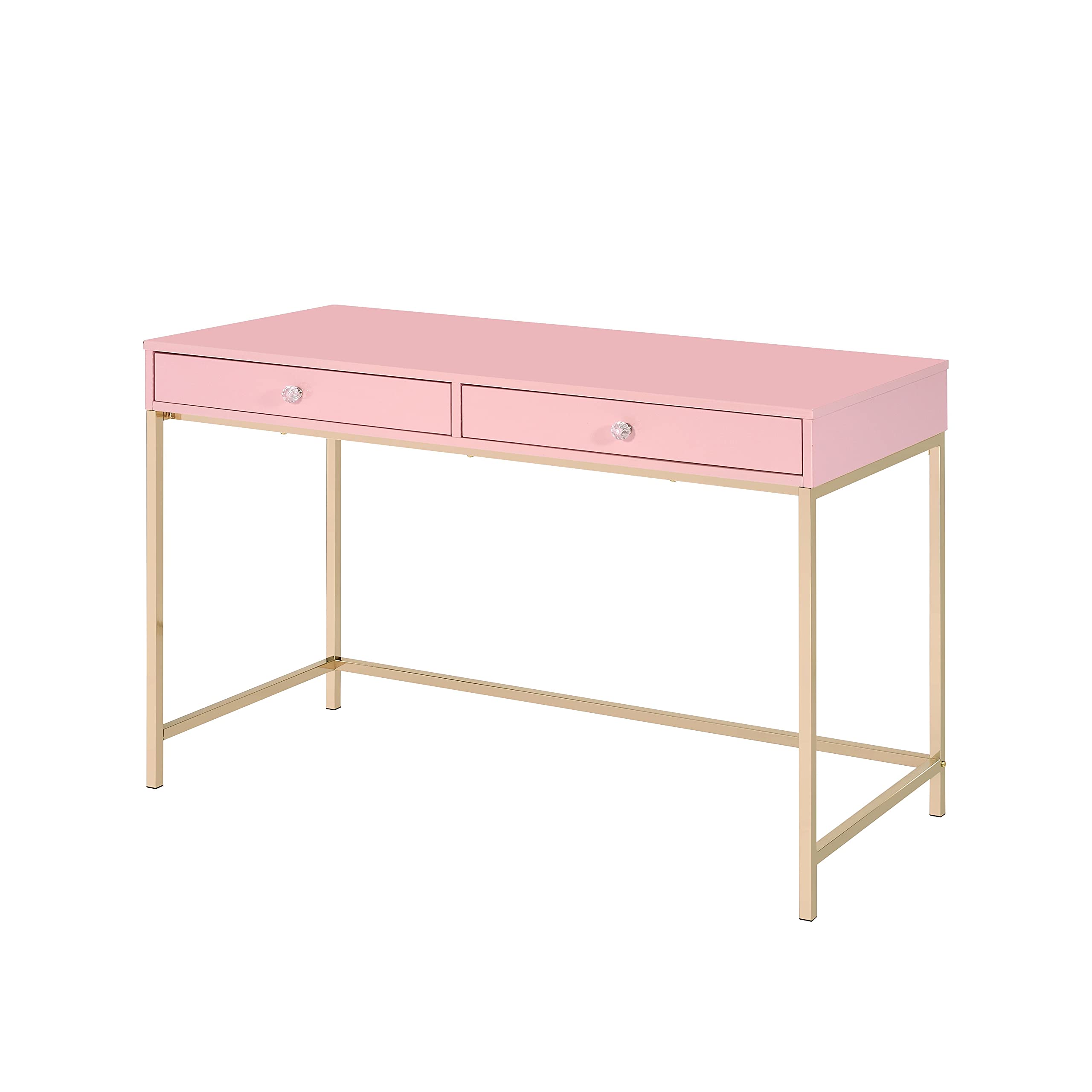 Modern Pink Writing Desk with 2 Drawers - Contemporary Home Office Computer Desk with Sturdy Metal Legs, Multifunctional Study Desk & Makeup Vanity Table for Small Spaces, Bedroom & Dorm Room
