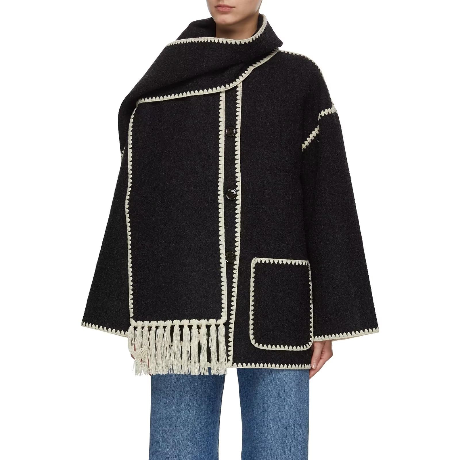 RAMOUG Women's Embroidered Tassel Scarf Coat - Casual Loose Jacket for Autumn Winter Fashion | Perfect for Office, Dating & Outdoor Activities