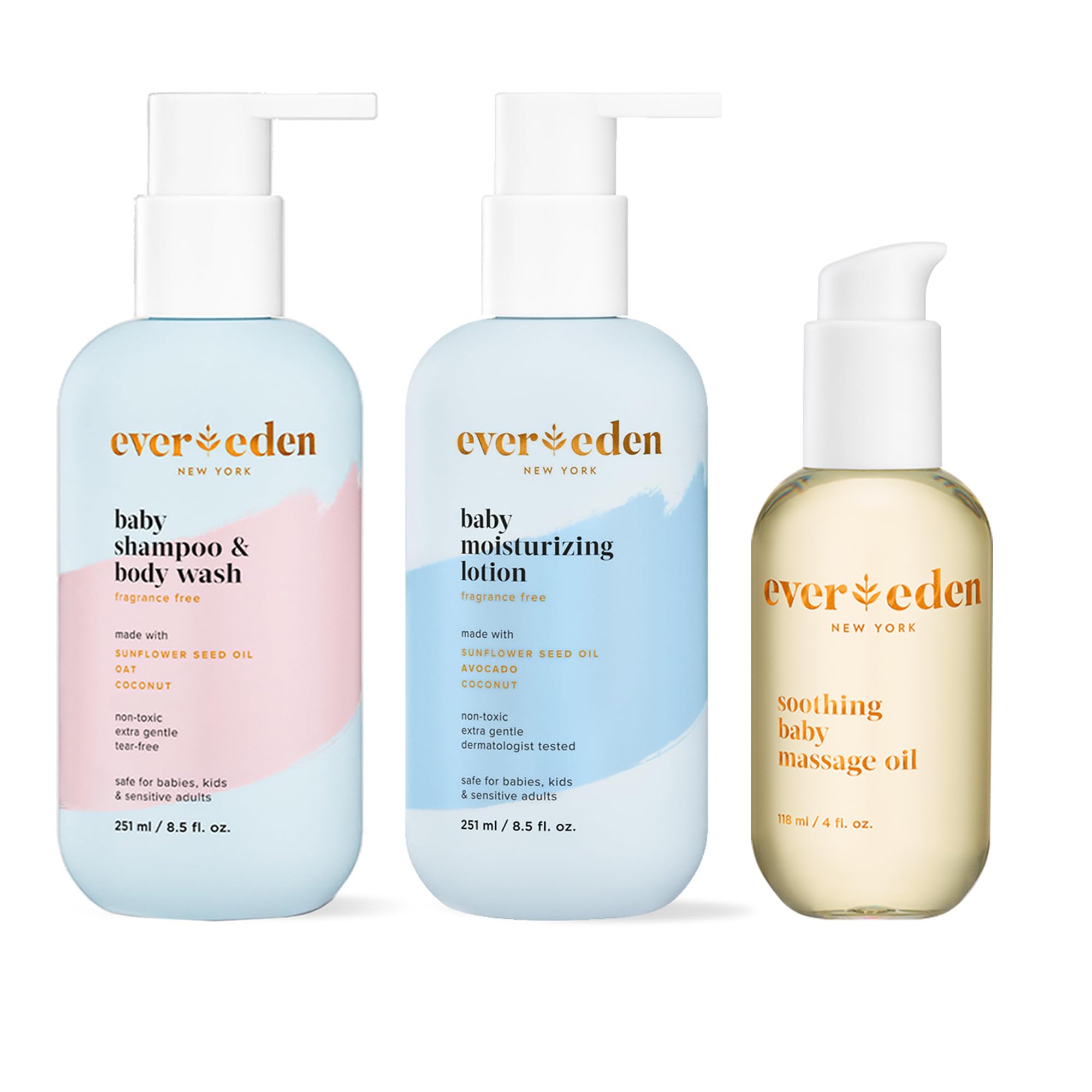 Evereden Baby Bathtime Essentials Trio Set - Fragrance-Free Shampoo & Body Wash, Moisturizing Lotion & Soothing Massage Oil for Newborns & Infants | 8.5oz + 8.5oz + 4oz | Clean, Natural Skincare Bundle for Sensitive Skin | Perfect for Daily Bath Routine, Baby Massage & Hydration Care
