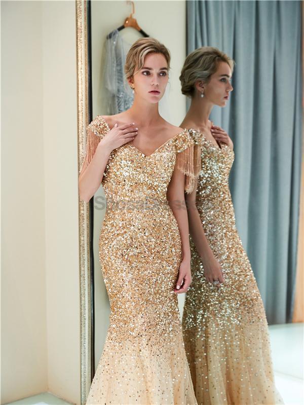 Elegant Off Shoulder Mermaid Gold Beaded Prom Dress for Evening Party & Special Occasions | Formal Gown for Homecoming, Wedding Guest, and Red Carpet Events
