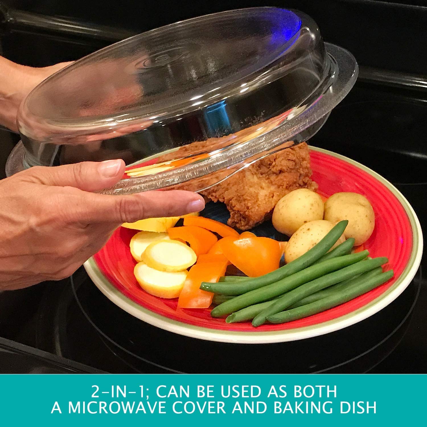 2-in-1 Cover 'n Cook Vented Glass Microwave Plate Cover & Baking Dish - Splatter Guard for Microwave & Oven - BPA-Free, Easy Grip Handle for Baking, Cooking & Serving - Perfect for Meal Prep, Reheating & Family Dinners