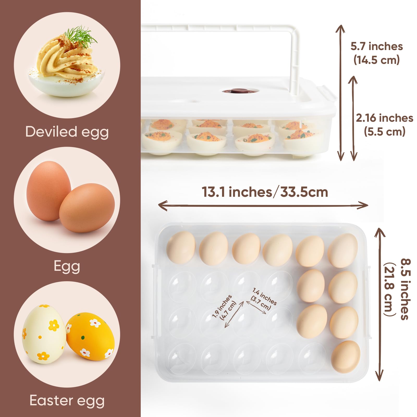 77L Plastic Deviled Egg Container with Lid & Handle - Holds 24 Eggs, Clear Storage Tray for Fridge & Travel - Perfect for Picnics, Parties, Potlucks & Easter Celebrations (White)