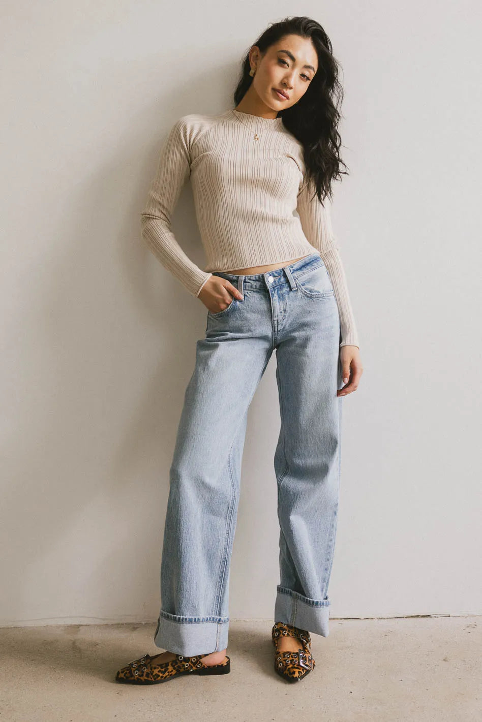 Azizi Ribbed Knit Top for Women - Soft Beige Crewneck Casual Shirt - Perfect for Layering, Office Wear & Everyday Outfits