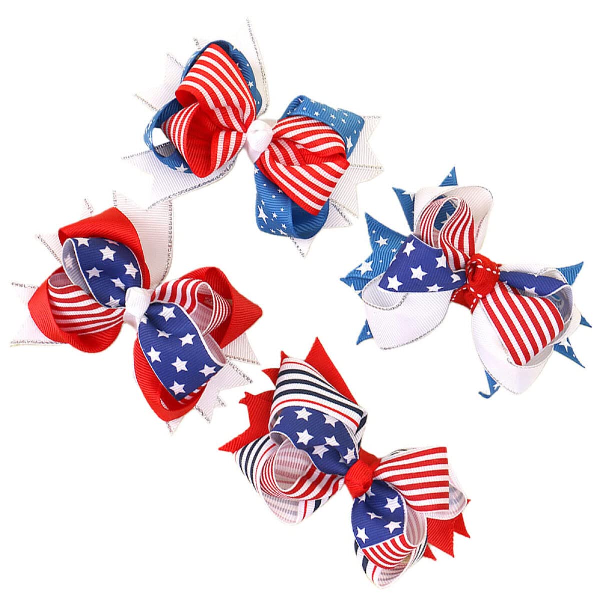 ABOOFAN 4pcs Patriotic Hair Clips for Girls - American Flag Bobby Pins, Bowknot Hair Clamps & Hairpins for Kids (Red White Blue USA Theme) - Perfect for 4th of July, Memorial Day & School Events