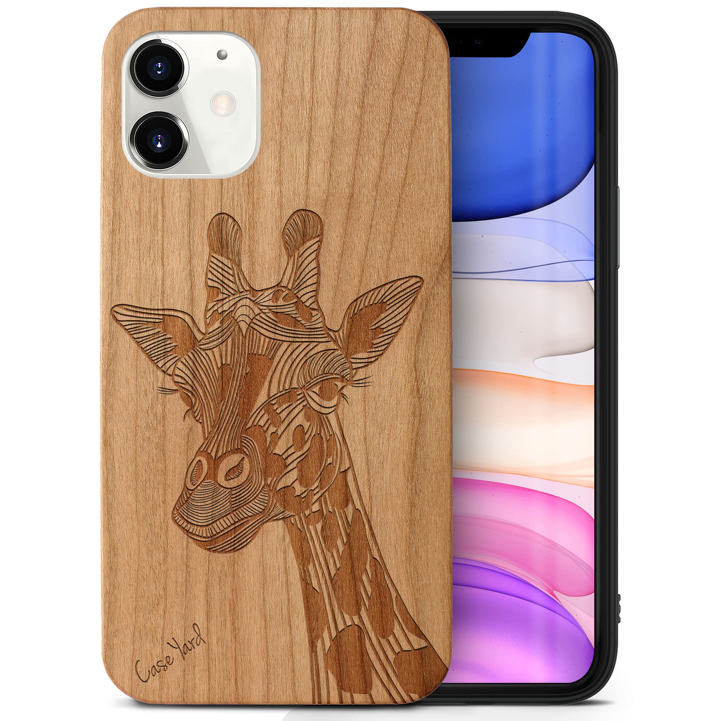 CaseYard Wood Phone Case for iPhone 12 Mini - Laser Engraved Giraffe Design Cherry Wood Cover | Shockproof Slim Fit Protective Case for Men & Women | Perfect for Outdoor Adventures & Everyday Use