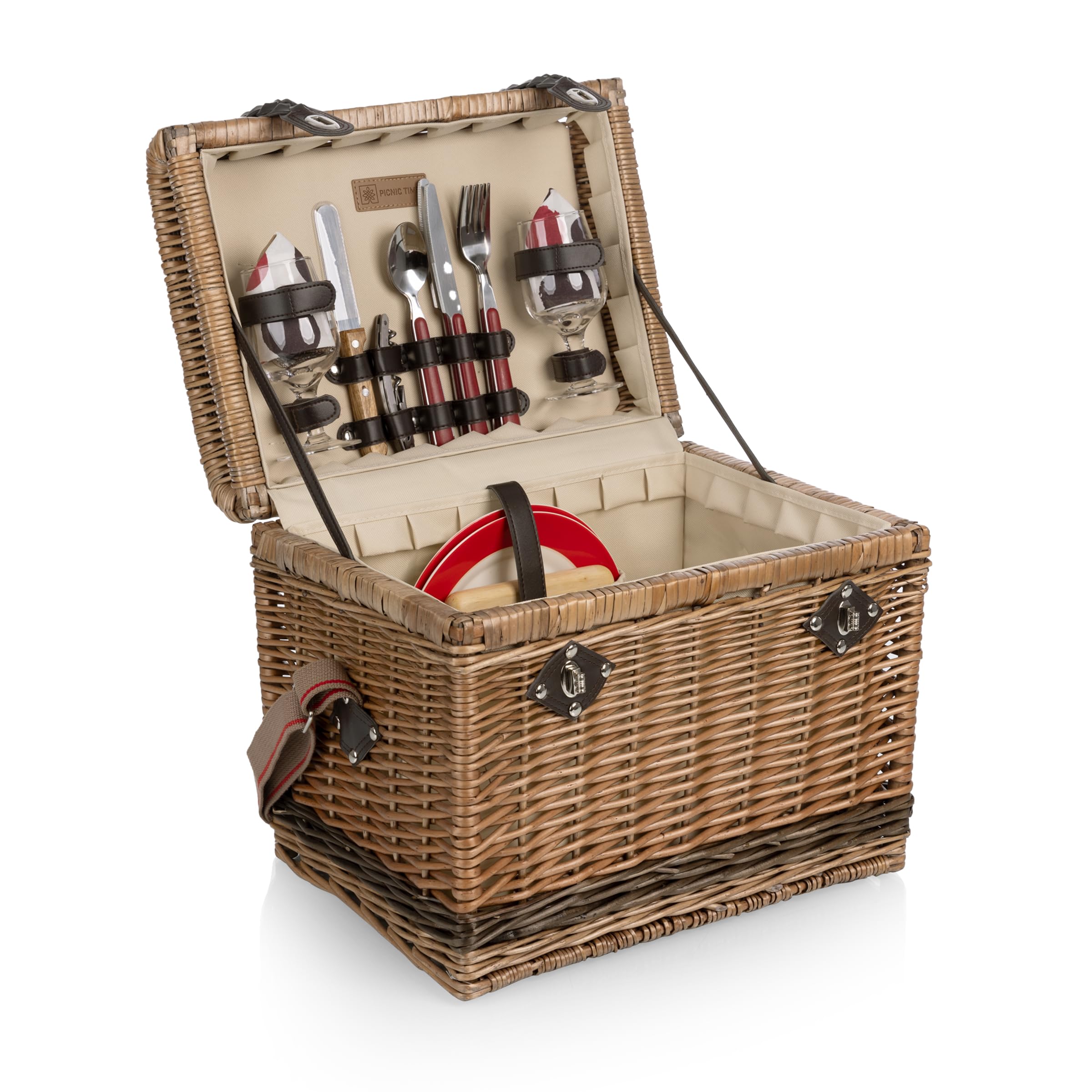 PICNIC TIME Yellowstone Picnic Basket - Moka Collection Brown with Beige & Red Accents | Perfect for Outdoor Picnics, Camping & Romantic Dates | Durable & Stylish Picnic Basket for 2-4 People