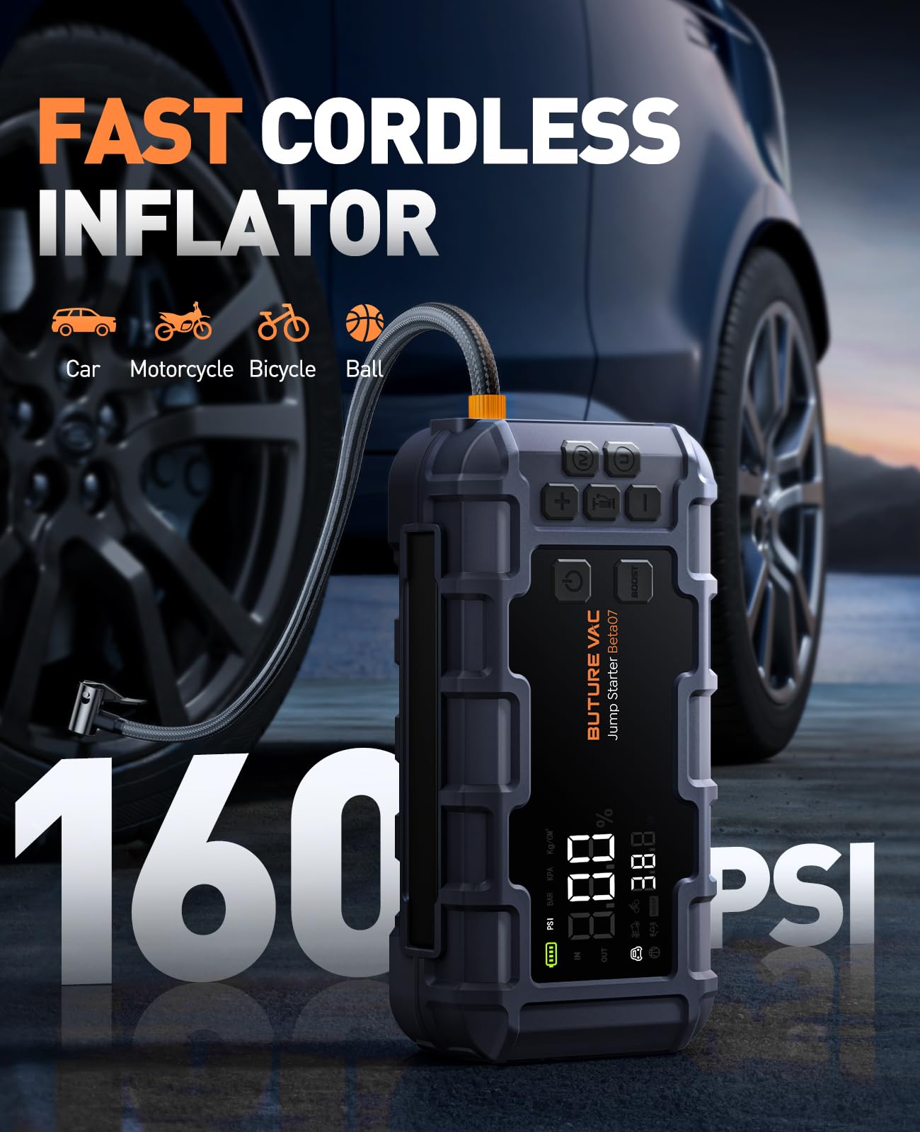 BUTUREVAC 10-in-1 8000A Car Battery Jump Starter with Air Compressor (160PSI) & 45W Fast Charger - Portable Power Pack for All Gas & 14L Diesel Vehicles - Includes Jumper Cables, LED Lights & Safety Gloves - Emergency Roadside Assistance & Camping Power Supply