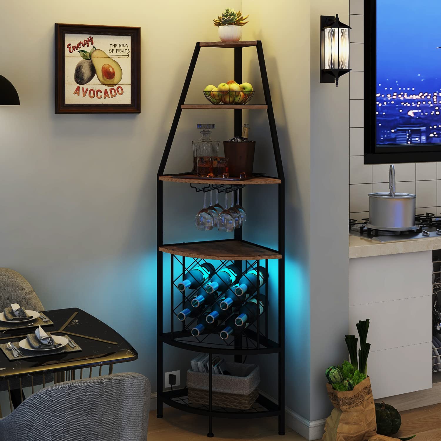 5-Tier Corner Wine Rack with LED Lights - Floor Standing Wine Storage with Glass Holder for 12 Bottles - Rustic Brown Home Bar Furniture for Kitchen, Living Room & Dining Room - Perfect for Wine Enthusiasts & Entertaining Guests