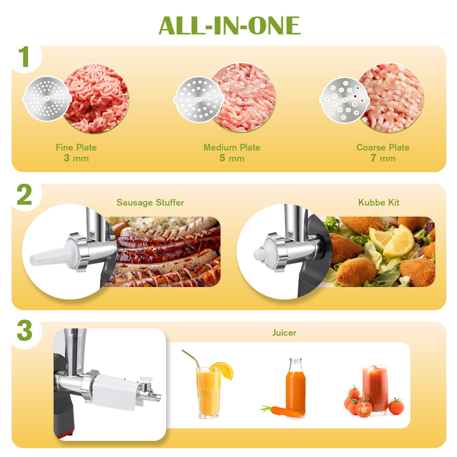 Electric Cheese Grater & Vegetable Shredder - 5-in-1 Multifunctional Kitchen Tool with Rotary Blades, Meat Grinder & Sausage Stuffer - Perfect for Grating Cheese, Shredding Vegetables, Making Salads & Homemade Sausages (Includes Kubbe Kit & Tomato Strainer) - Ideal for Home Cooking, Meal Prep & Party Food Preparation