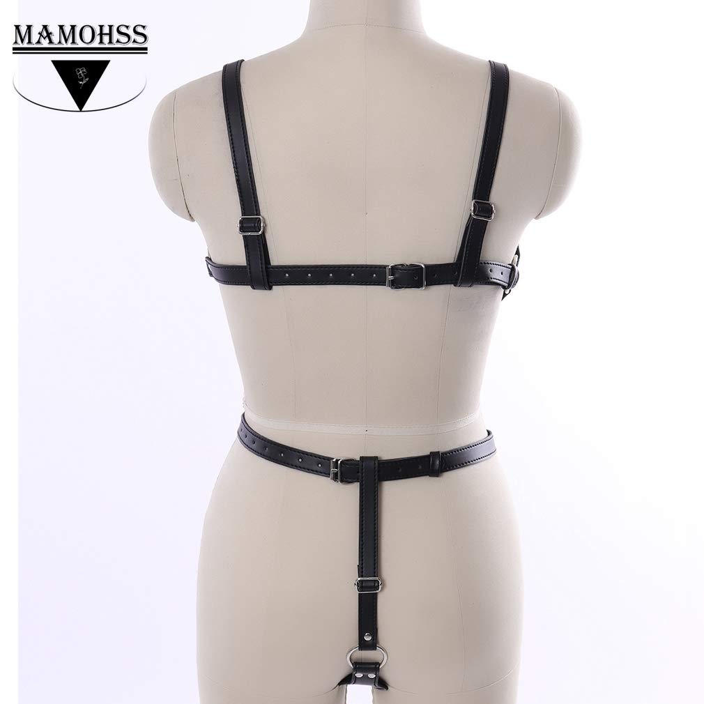 MAMOHSS Women's Faux Leather Lingerie Set - Full Body Chest Harness Teddy Bodysuit Black | Sexy BDSM Outfit for Role Play & Nightwear