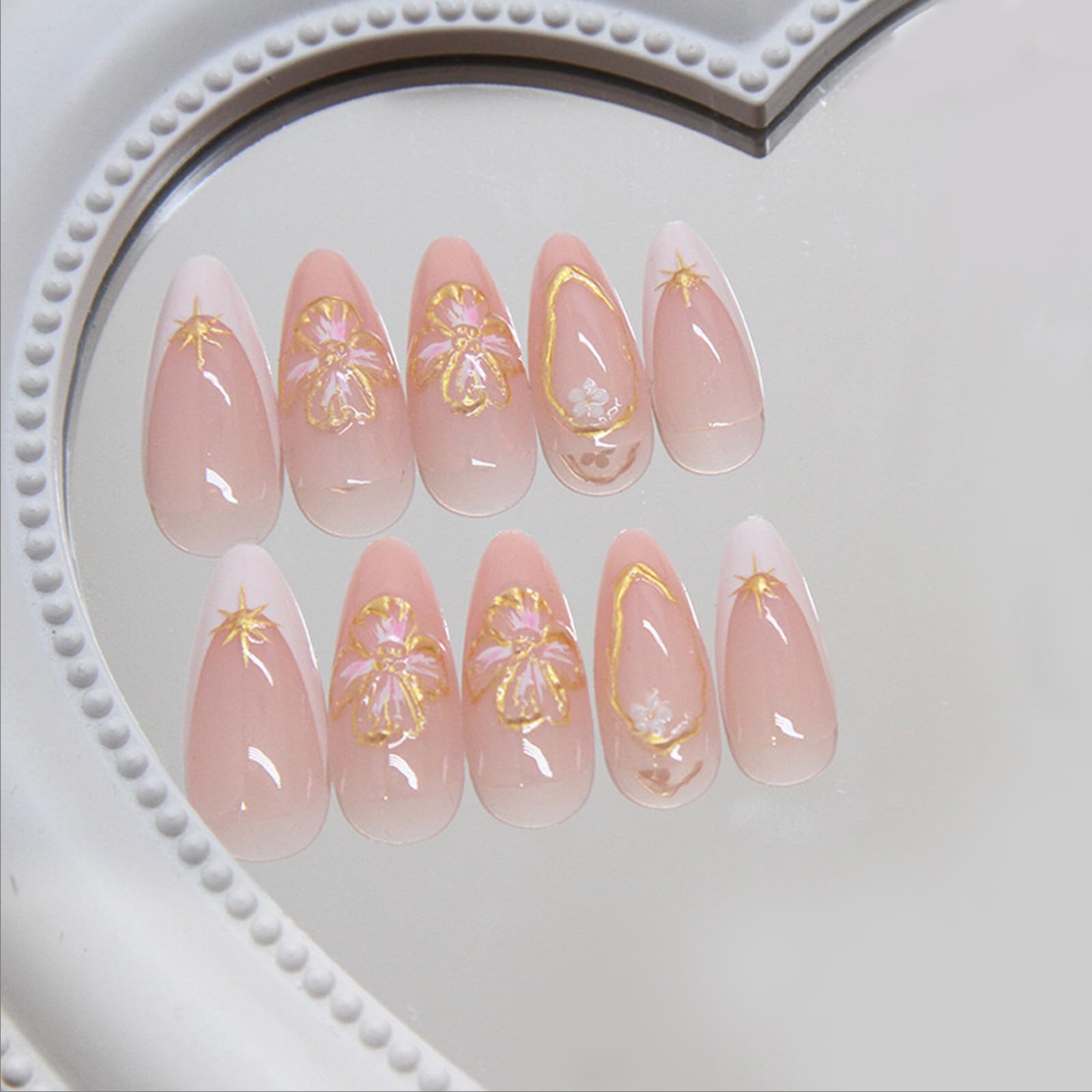 French Tip Press on Nails with Embossed Flower Designs - 24Pcs Almond Medium Fake Nails, White French False Nails, Reusable Stick on Nails, Glossy Gel Acrylic Nail Kit for Women - Perfect for Parties, Weddings, Date Nights & Special Occasions
