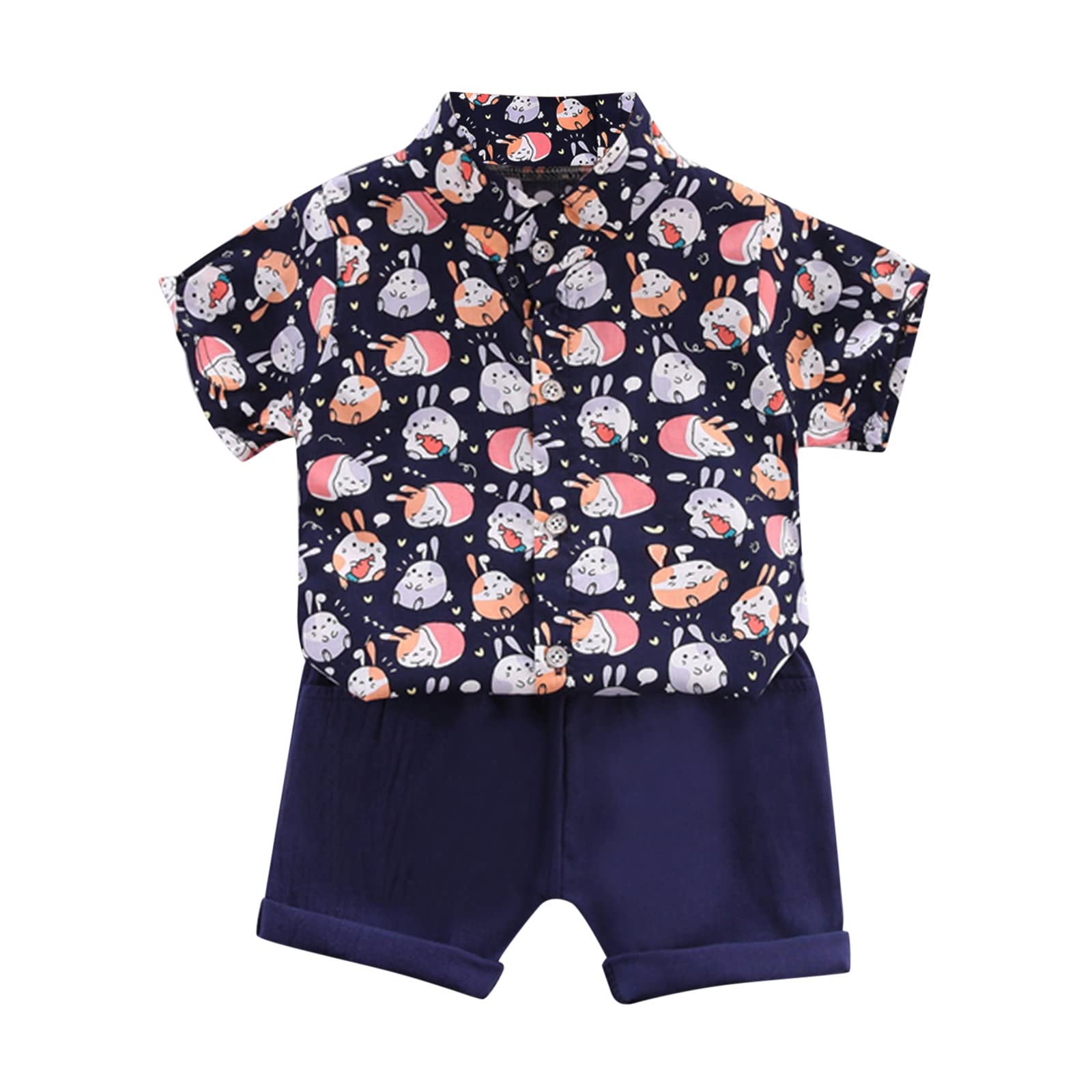 **Stylish Toddler Boys' Short Sleeve Rabbit Print Lapel Tee & Matching Shorts Set - Cute Outfit for Playdates, Daycare & Summer Adventures**