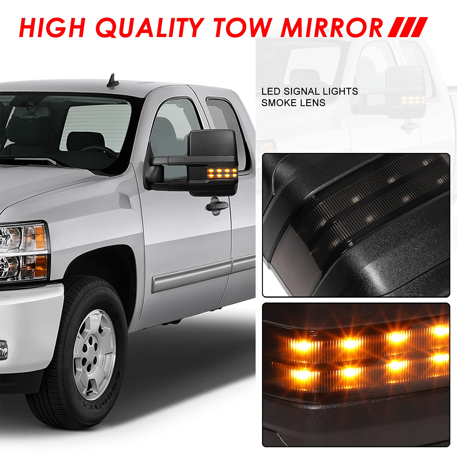 Auto Dynasty Black Power Heated Smoked LED Turn Signal Lights Tow Mirrors for 2003-2007 Chevy Silverado Tahoe GMC Sierra Yukon - Upgrade Your Truck for Winter Driving & Towing Safety