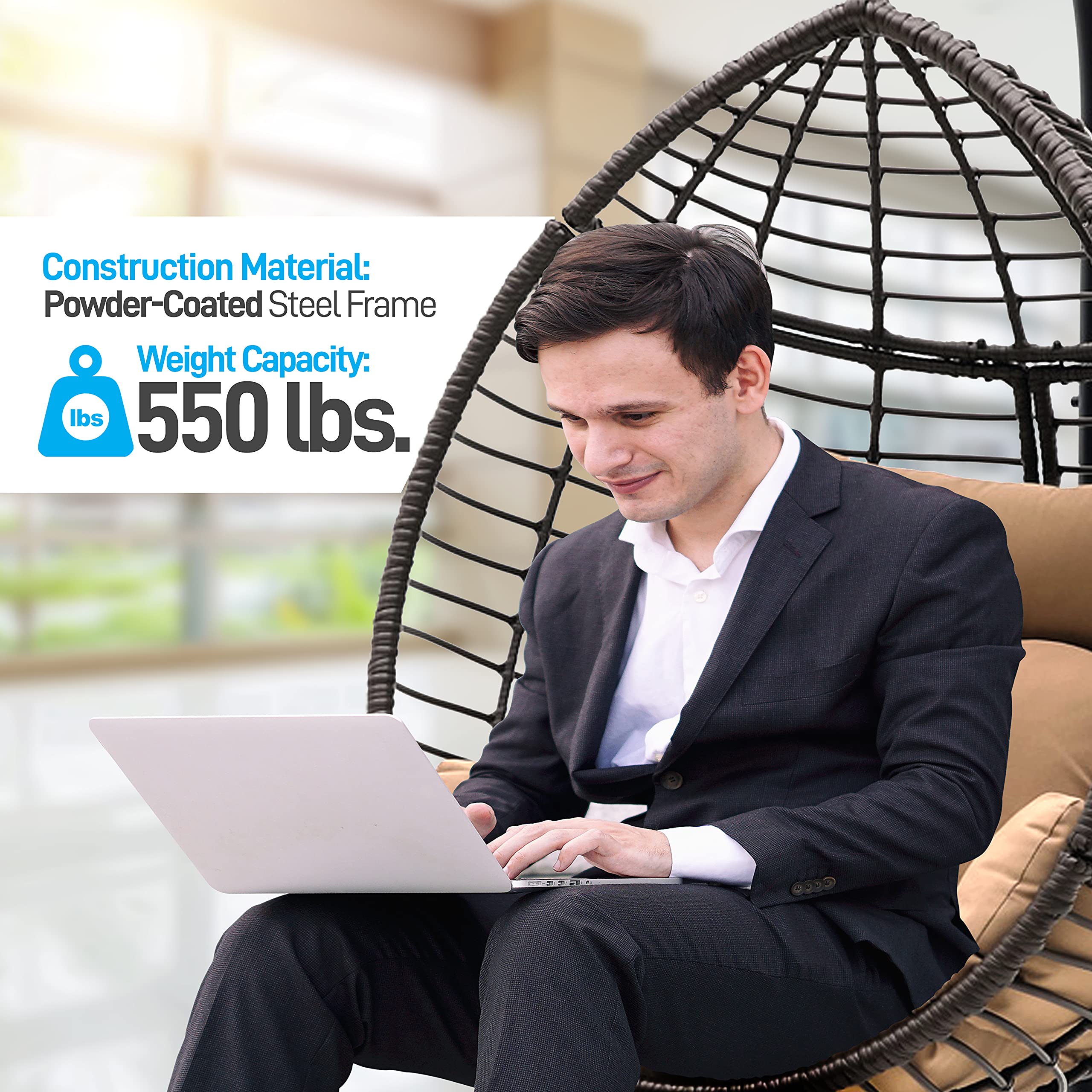 SereneLife Hanging Egg Chair with Stand - Indoor Outdoor Wicker Rattan Lounge Chair, Steel Frame & UV Resistant Washable Cushions - Perfect for Garden, Backyard, Deck, Sunroom, Patio (Black & Brown)