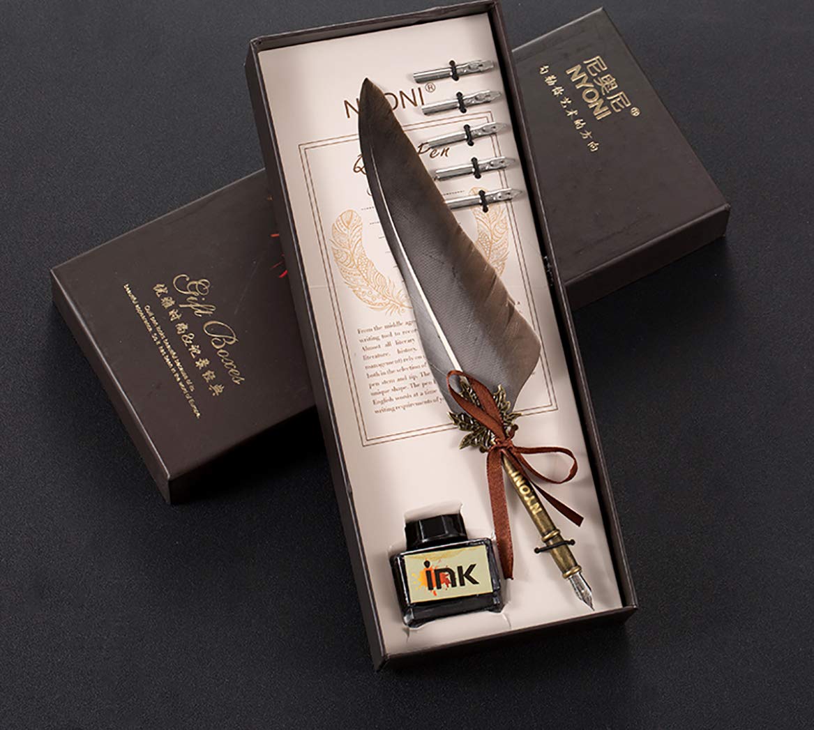 Vintage Feather Pen Set - Dip Pen with Metal Nibs & Ink for Calligraphy, Handwriting, and Letter Writing | Perfect for Wedding Invitations, Journaling, and Vintage Style Decor