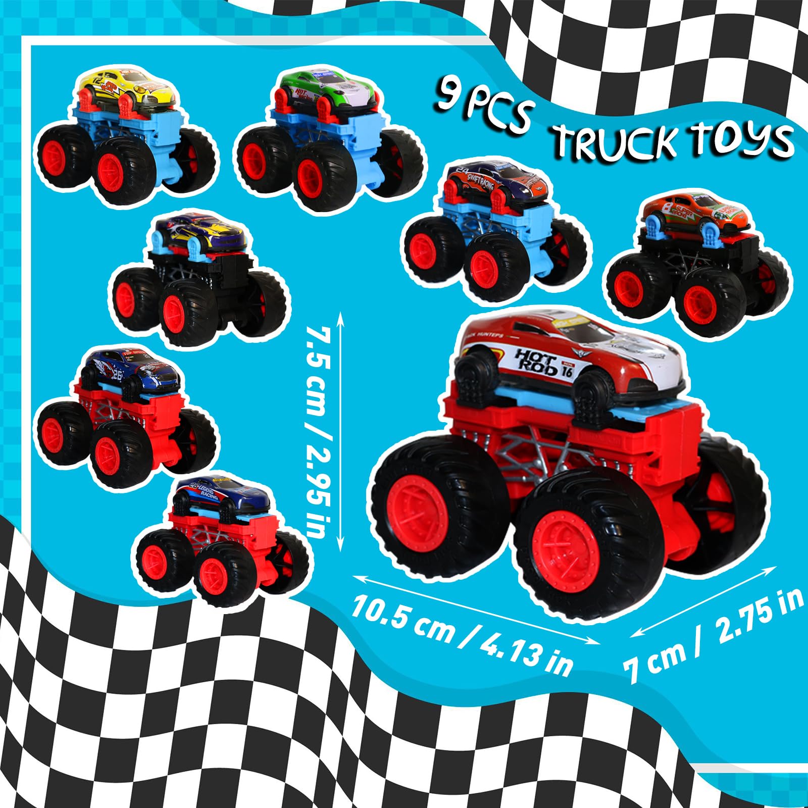 Golden Wheel 9-Pack Pull Back Cars & Monster Trucks - 1:64 Scale Die-Cast Toy Vehicles for Boys Age 3+ | Mini Race Car Set with Free Online Games | Perfect for Birthday Gifts, Playtime & Collecting