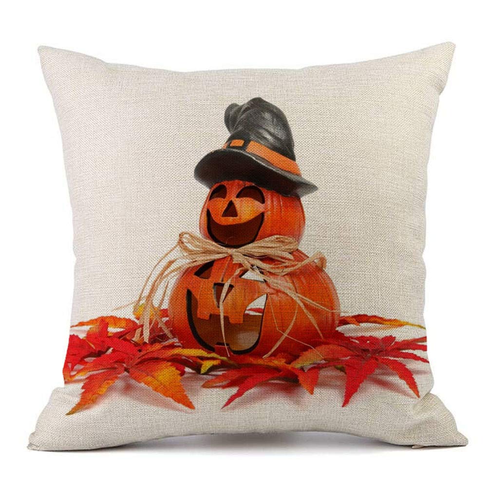 Happy Halloween Linen Pillow Cover 18x18 Inch - Decorative Lumbar Cushion Case for Sofa, Bed, Chair - Spooky Home Decor for Halloween Party & Fall Season