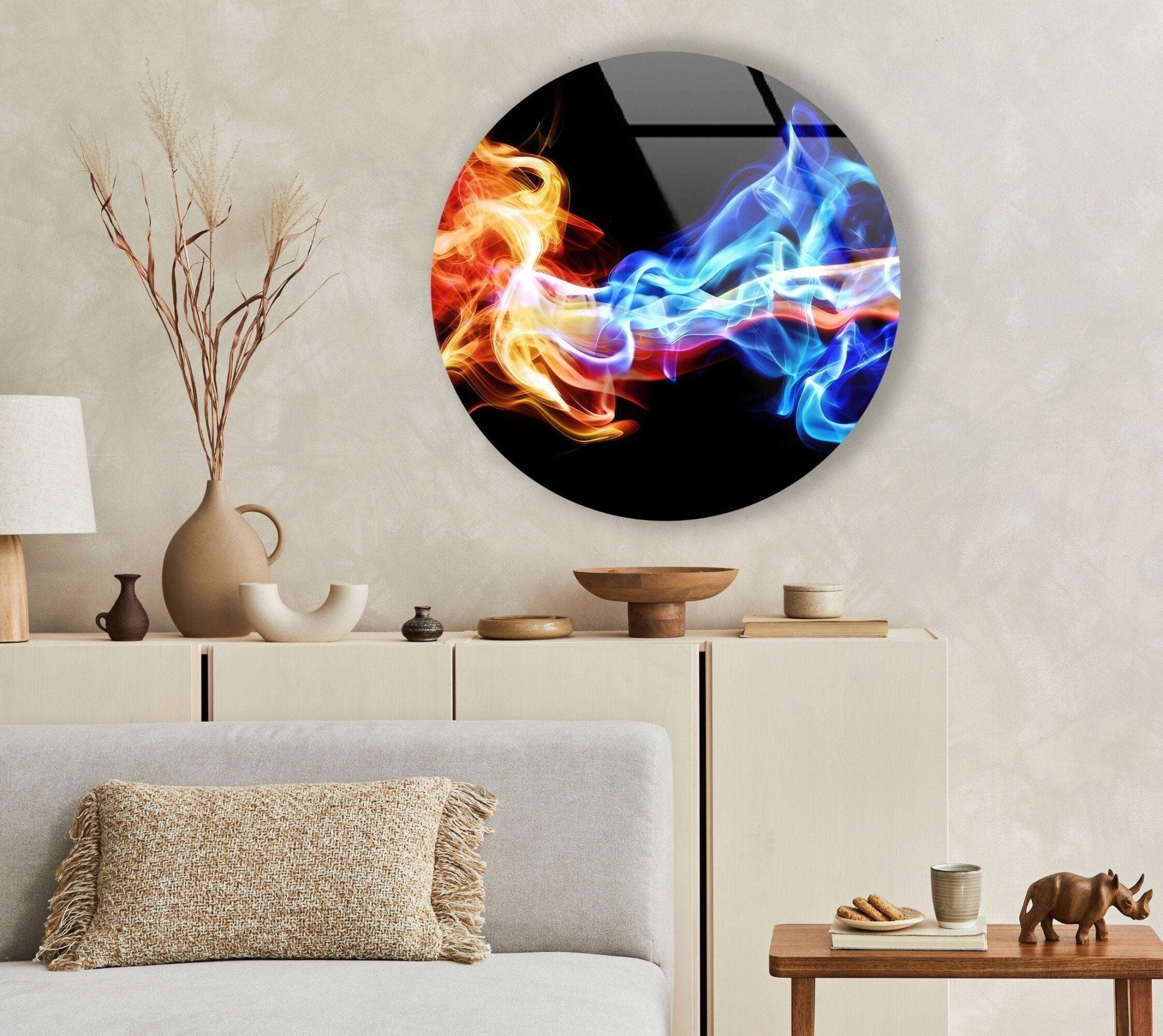 Abstract Round Orange & Blue Glass Wall Art - Modern Handmade Home Decor for Living Room, Bedroom & Office - Unique Glass Artwork for Wall Decor & Gifts