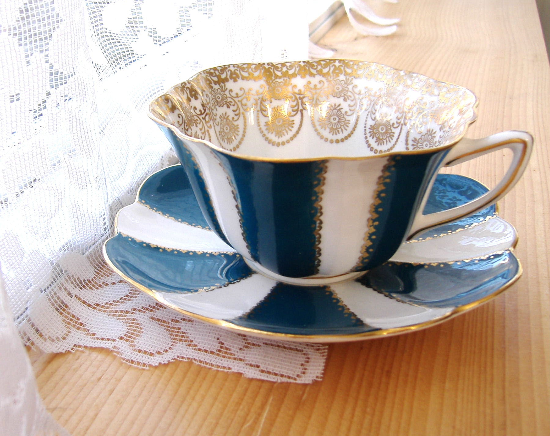 Vintage Shelley Teal & White Stratford Gold Overlay Cup and Saucer Set - Drake's Neck Pattern (1964-1966) | Elegant Tea Set for Afternoon Tea, Bridal Shower, and Vintage Collectors