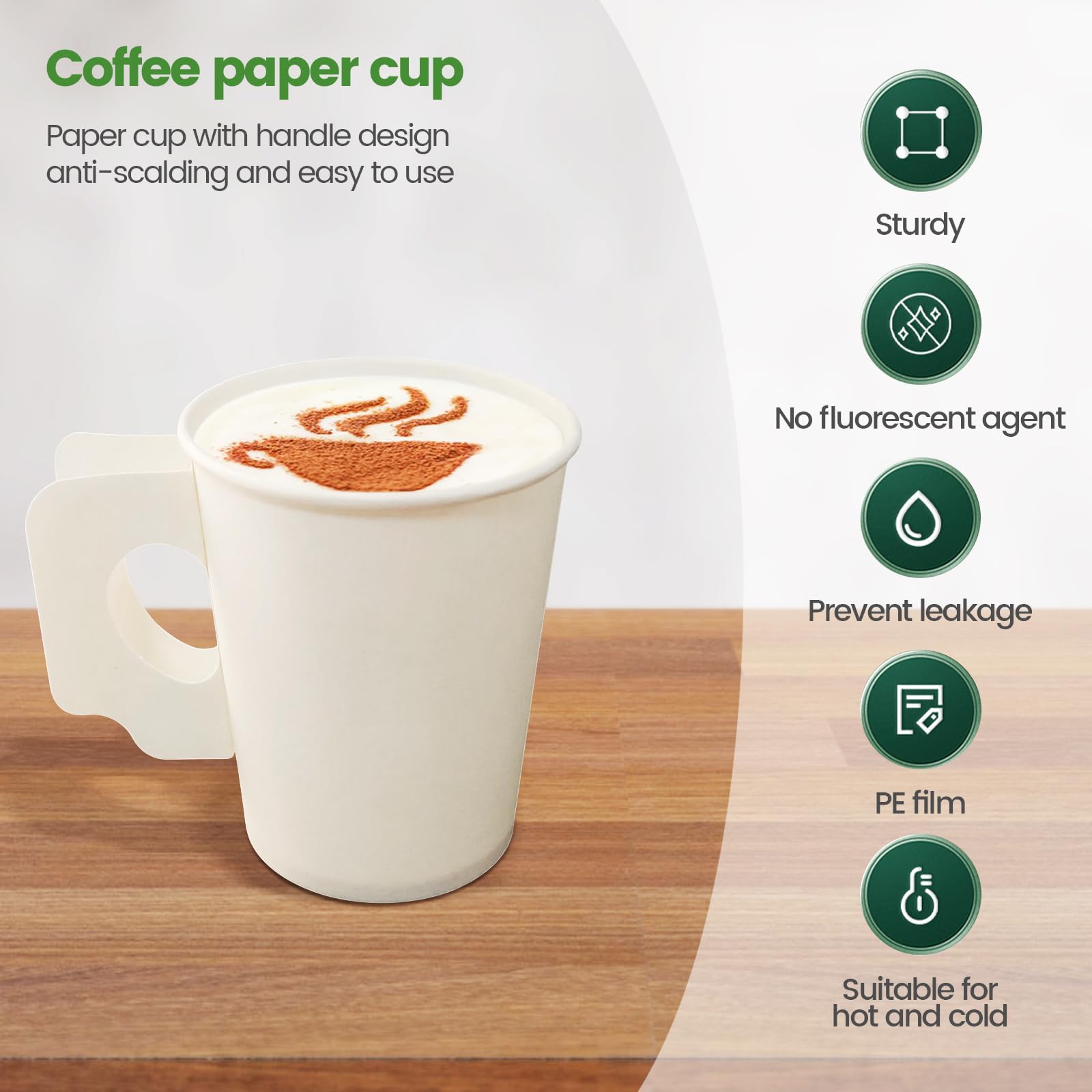 Jippedea 8 Oz Disposable Coffee Cups with Handles - 50 Pack Eco-Friendly Paper Cups for Hot Beverages, Ideal for Hotels, Motels, Home Cafes, Bistros, and Parties - Perfect for Serving Tea, Coffee, and Hot Chocolate at Events or Daily Use