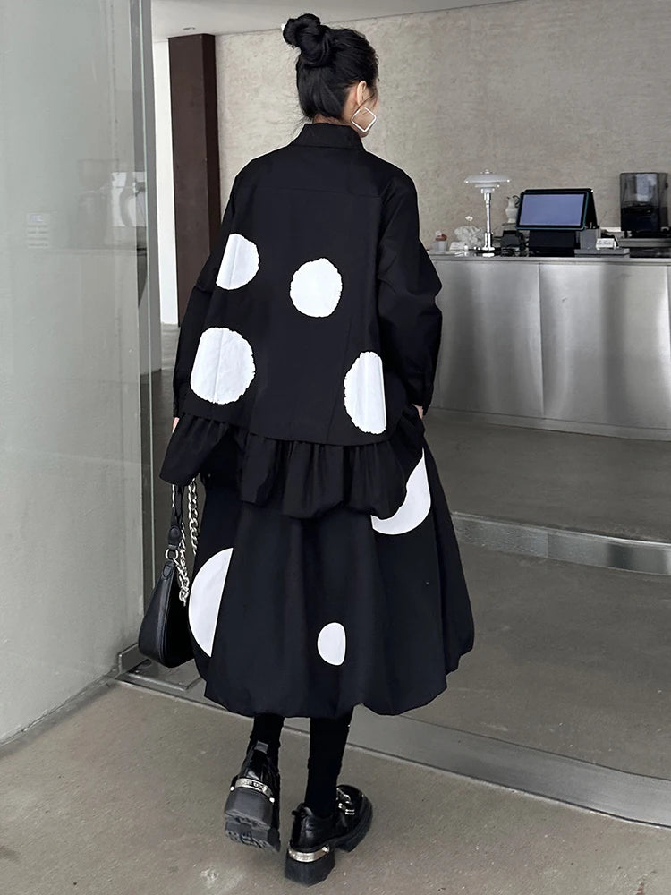 Black Dot Oversized Asymmetrical Shirt Dress Two-Piece Set with Lapel Long Sleeve - Women's Fashion Outfit for Spring & Fall 2025 (Style 1DH9366) | Perfect for Office Wear, Date Nights & Casual Outings