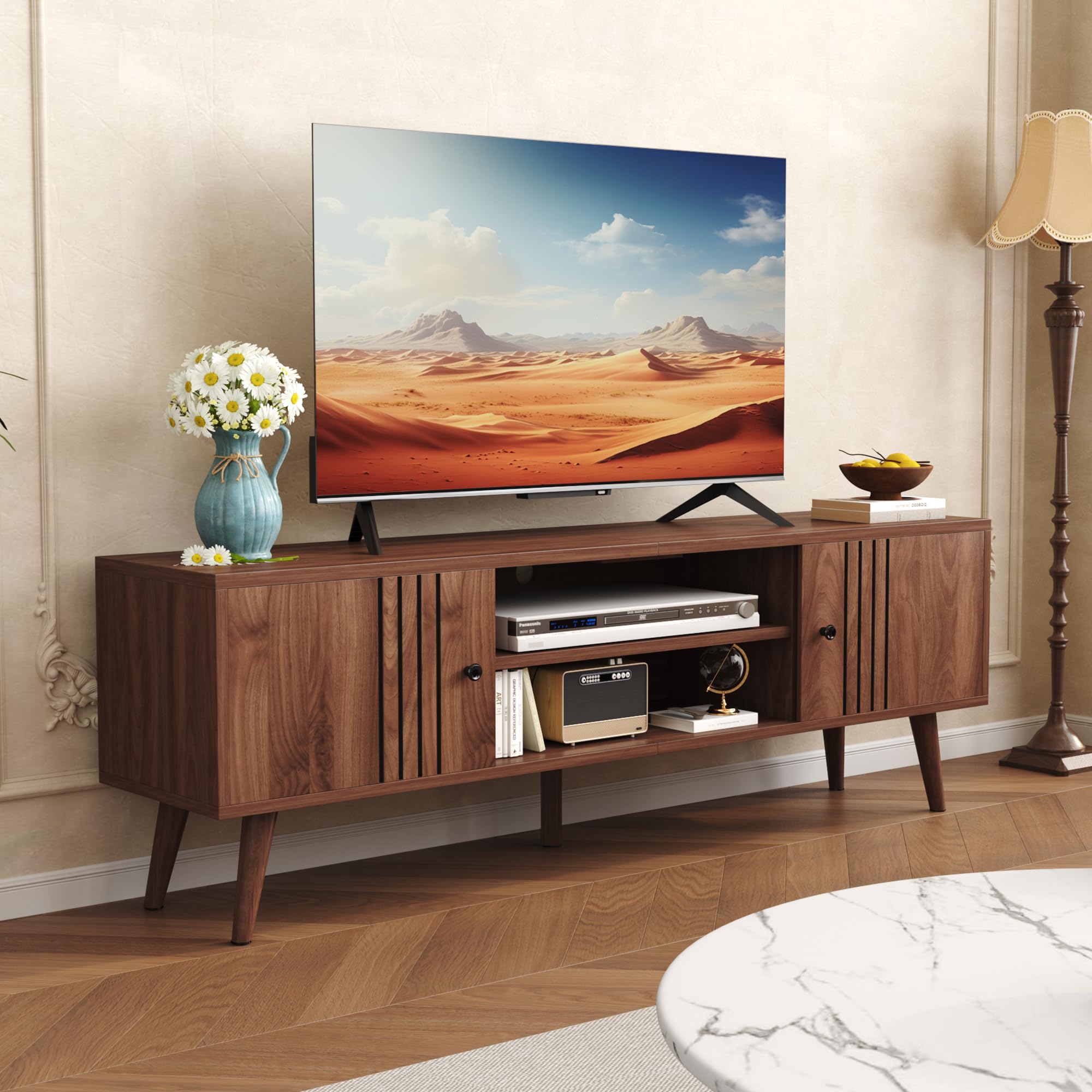 Mid-Century Modern TV Stand for 65/60/55 Inch TVs - Walnut Entertainment Center with Sliding Doors & Storage - Media Console Table for Living Room & Bedroom - Perfect for Home Theater Setup & Stylish Home Decor