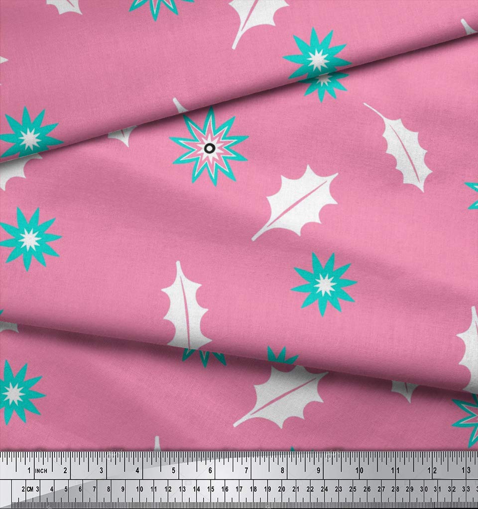 Soimoi Moss Georgette Pink Fabric by The Yard - 42 Inch Wide Printed Fabric with Star & Holly Leaves Design for Christmas Decor, Dresses, Curtains & DIY Crafts