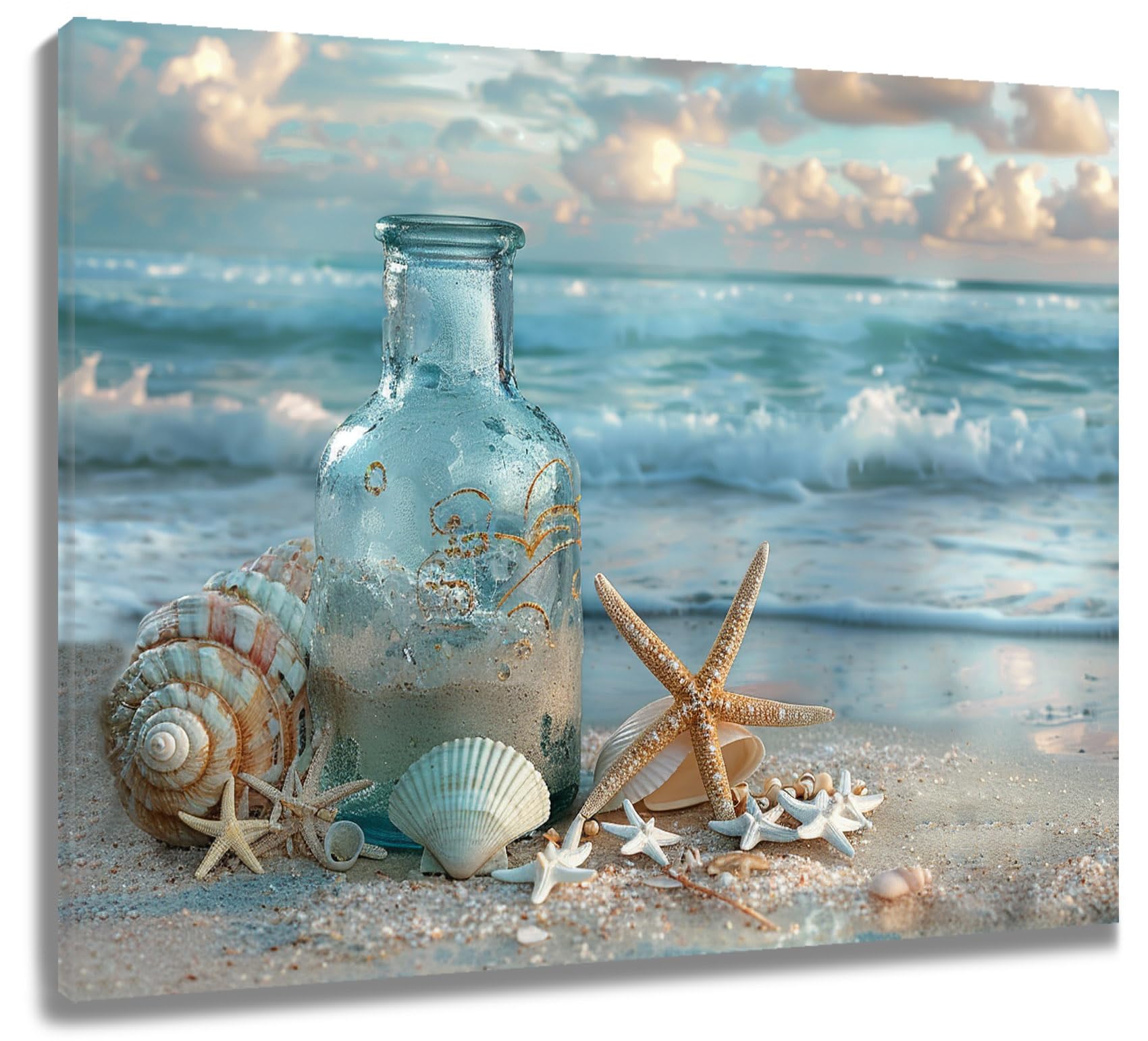 LB Coastal Beach Wall Art - Seascape Seashell Starfish Canvas Painting - Blue Ocean Decor for Bathroom, Living Room, Bedroom & Office - Ready to Hang 20x16 Inch - Perfect for Beach House, Vacation Rental & Coastal Theme Interior Design