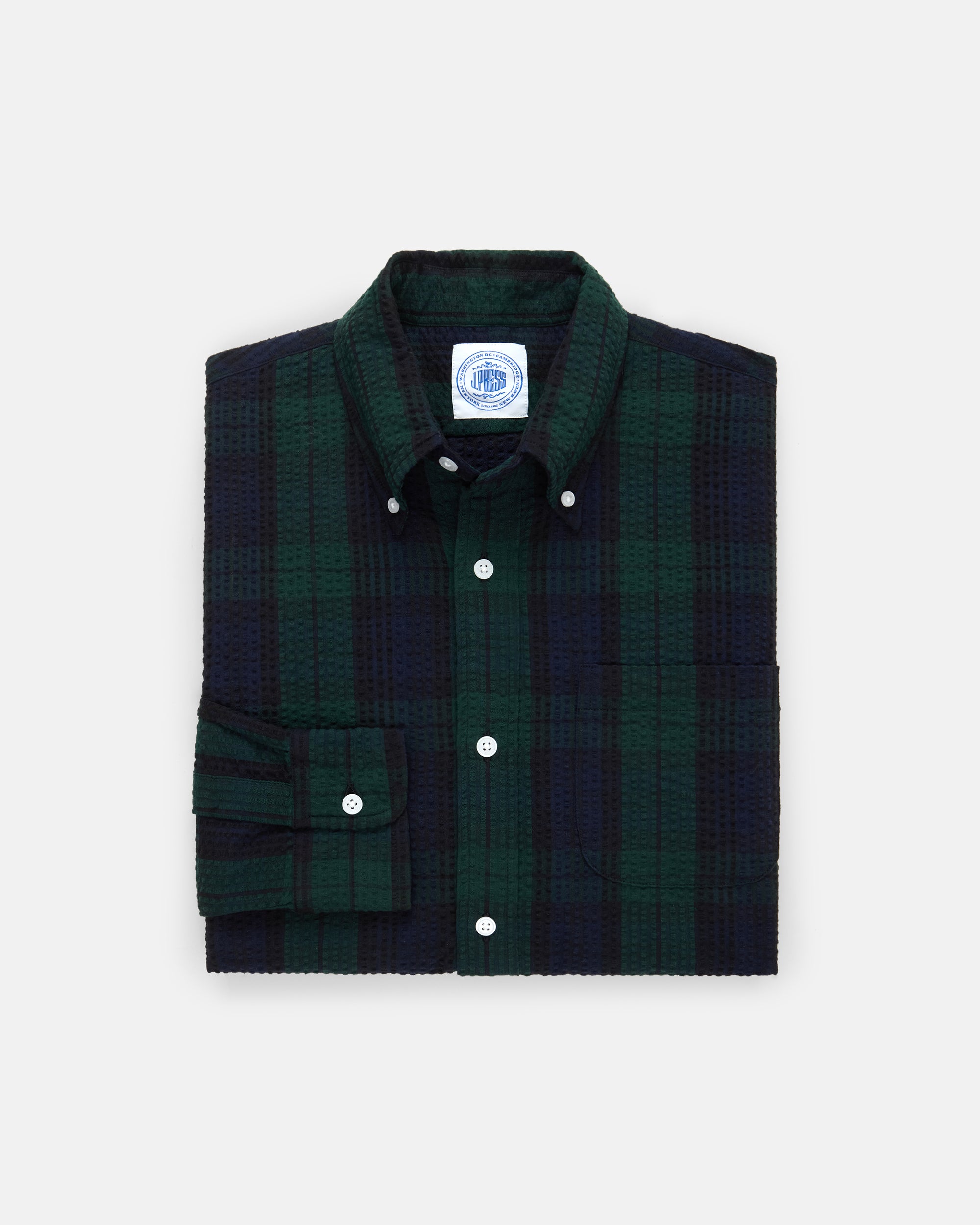 Men's Long Sleeve Blackwatch Tartan Seersucker Sport Shirt - Casual Button Down Shirt for Golf, Office & Outdoor Activities