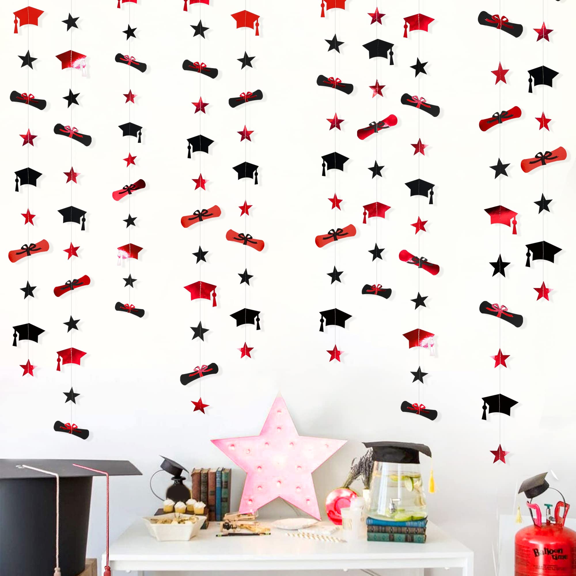 Pinkblume Red & Black Graduation Cap & Diploma Star Garland Banner - 4 Sets (13ft Each, 52ft Total) for Graduation Party Decorations | Perfect for High School, College Commencement Ceremonies & Graduation Photo Backdrops