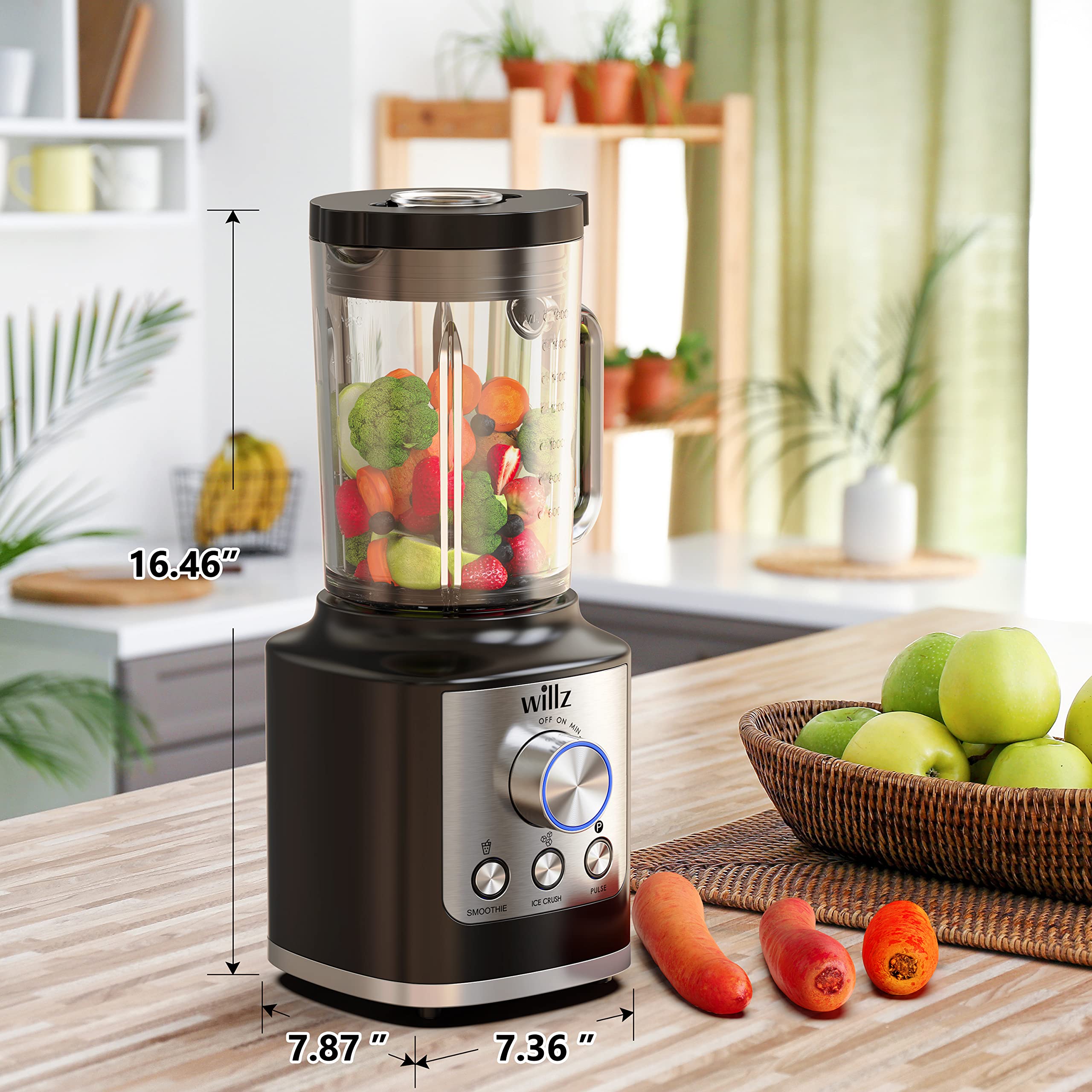 Willz High Speed Countertop Blender - 1000W Powerful Motor for Juices, Smoothies & Shakes - 60oz BPA-Free Pitcher with Ice Crush & Pulse Functions - Perfect for Kitchens, Restaurants & Healthy Lifestyles (Black)