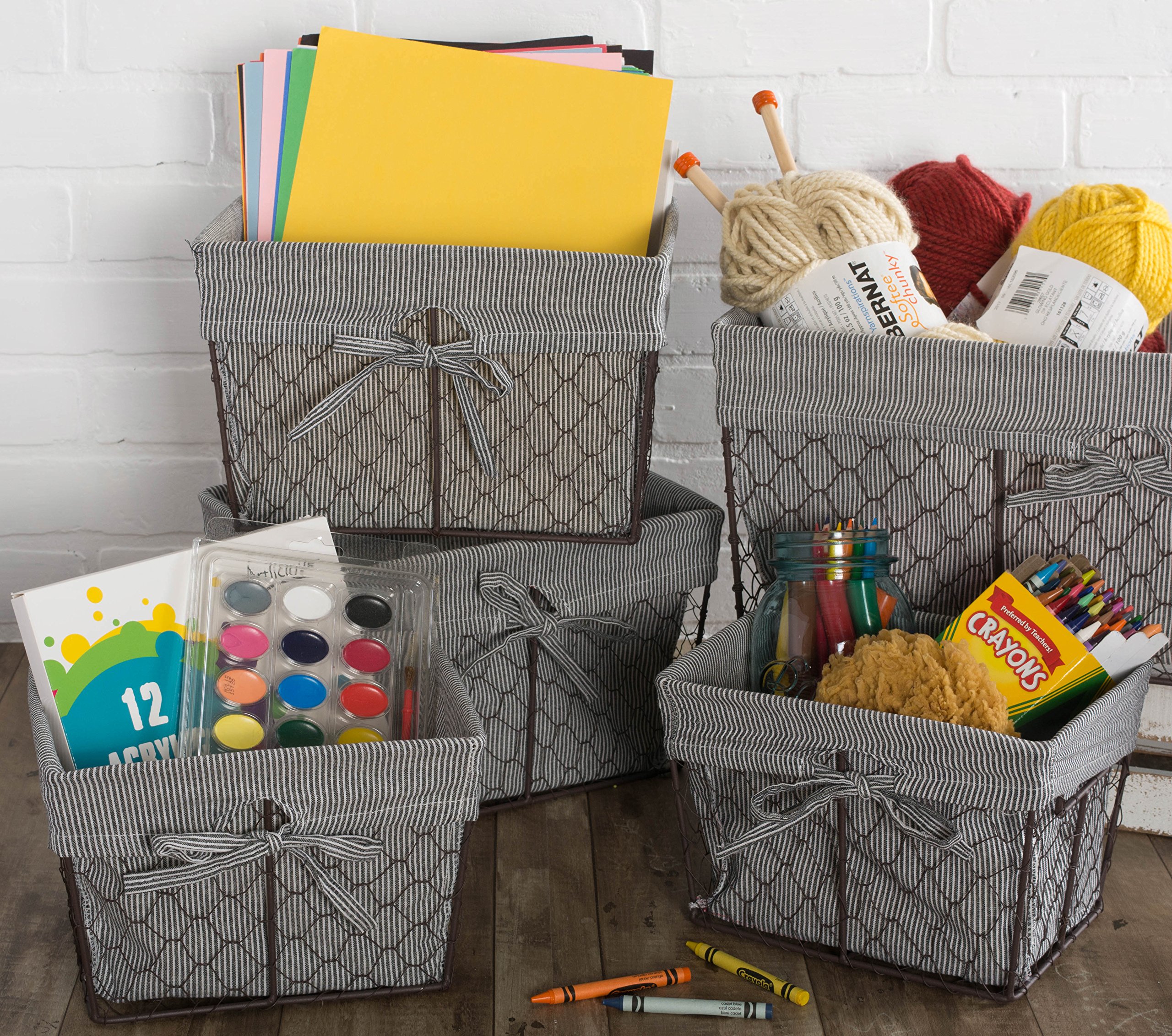 DII Farmhouse Chicken Wire Storage Baskets with Liner - Small Rustic Black & White Ticking Stripe - 9x7x6 Inches - 3 Piece Set for Home Organization, Kitchen, Bathroom & Office Decor