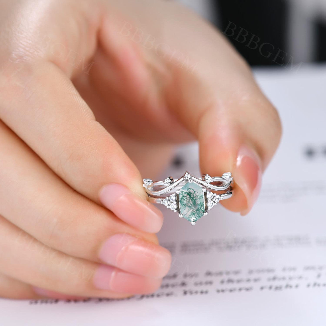 Vintage Moss Agate Hexagon Cut Branch Leaf Vine Art Deco Promise Ring Set for Women - Nature Inspired Jewelry for Engagement, Wedding, Anniversary & Everyday Boho Fashion