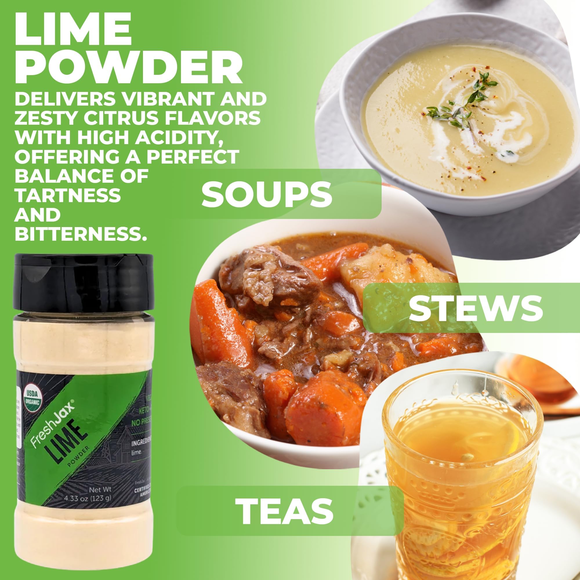 FreshJax Organic Lime Powder (4.33 oz) - Non-GMO, Gluten-Free, Keto & Paleo Friendly, No Preservatives | 100% Pure Dried Lime Powder | Handcrafted in Florida | Perfect for Cooking, Baking, Cocktails & Seasoning