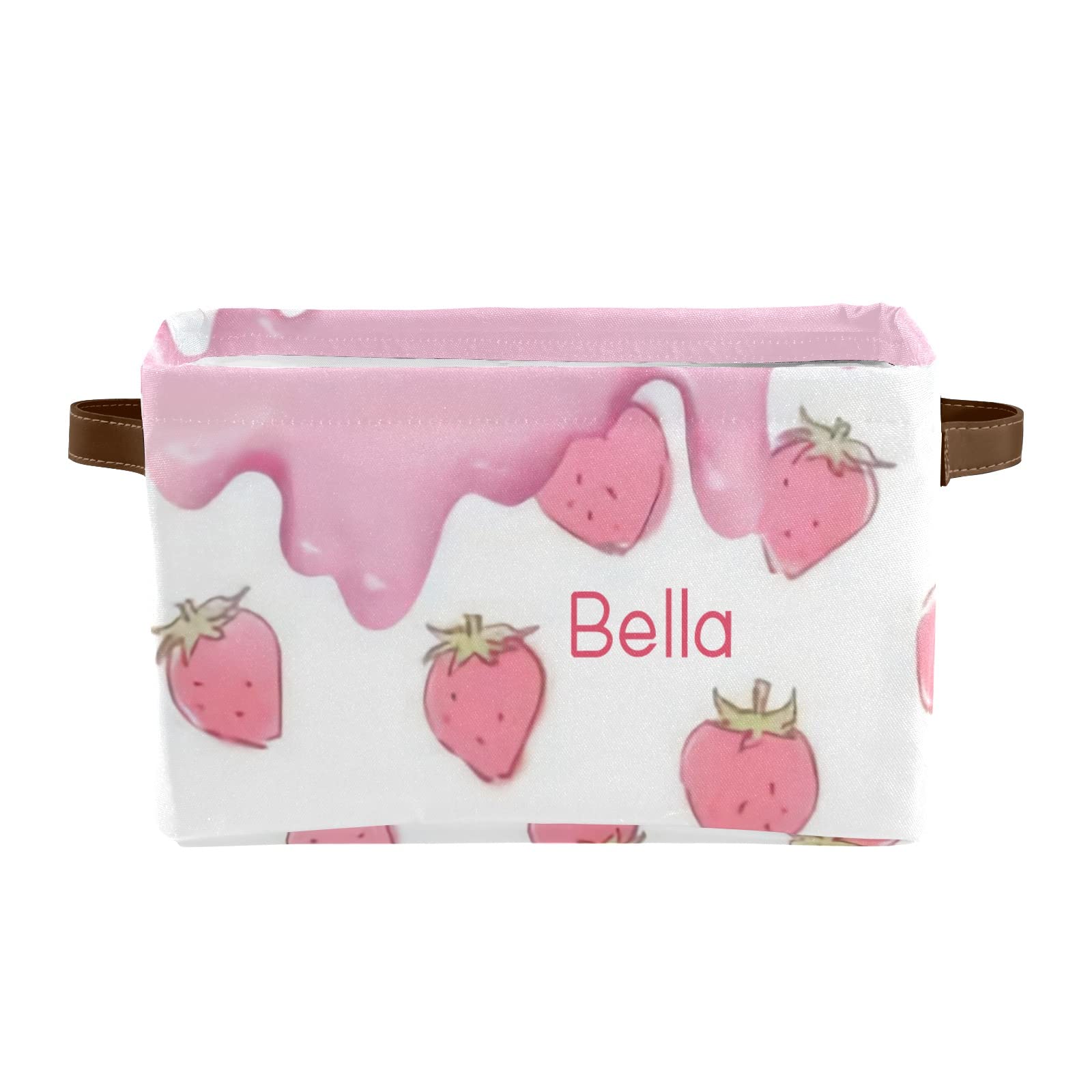 Personalized Pink Strawberry Canvas Storage Bins with Name - 2 Pack, Leather Handles for Office, Bathroom, Nursery, Closet Organization - Perfect for Shelves, Toy Storage & Home Decor