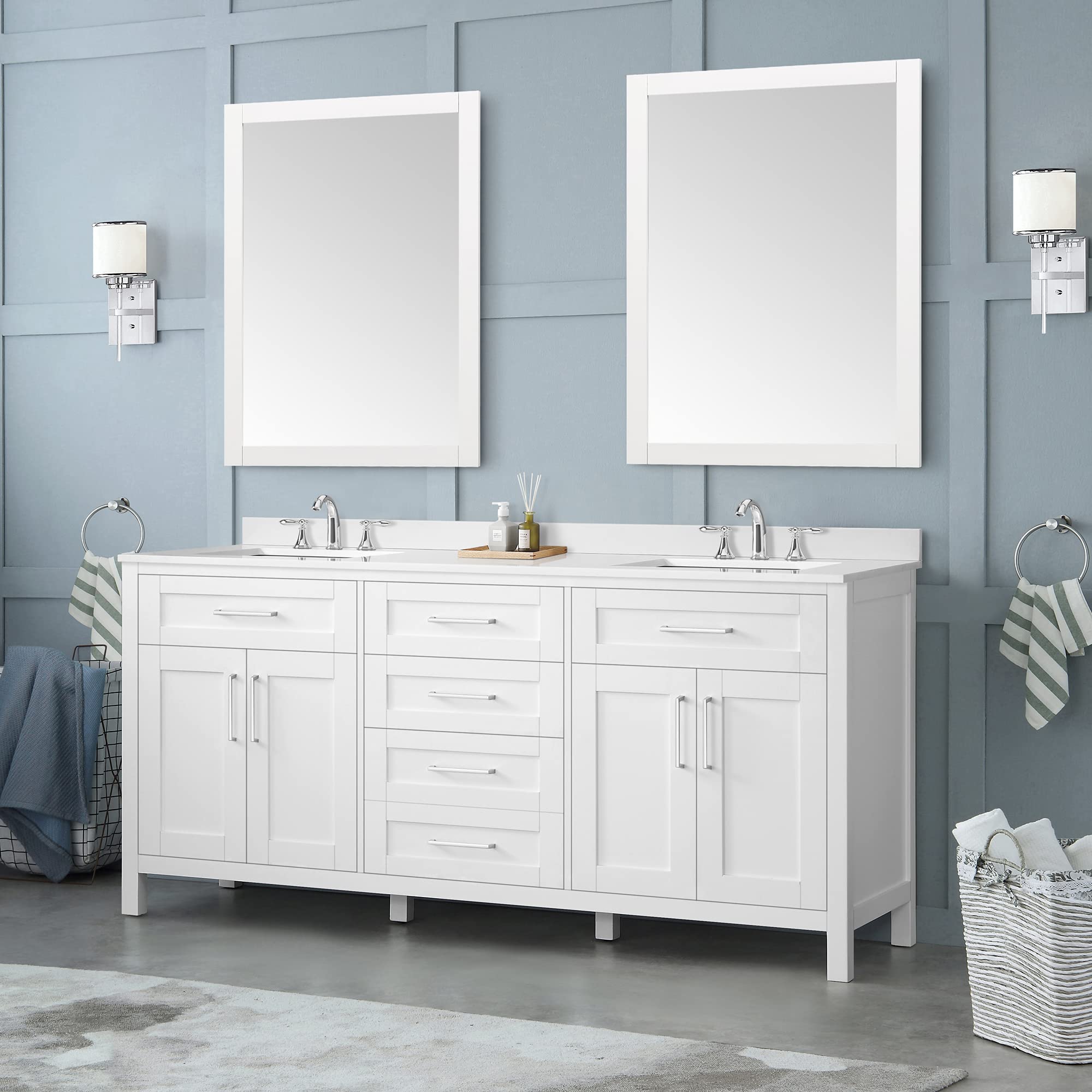 OVE Decors Maya 72 Inch White Bathroom Vanity with Carrara Marble Countertop - Modern Double Sink Vanity for Master Bathroom & Powder Room
