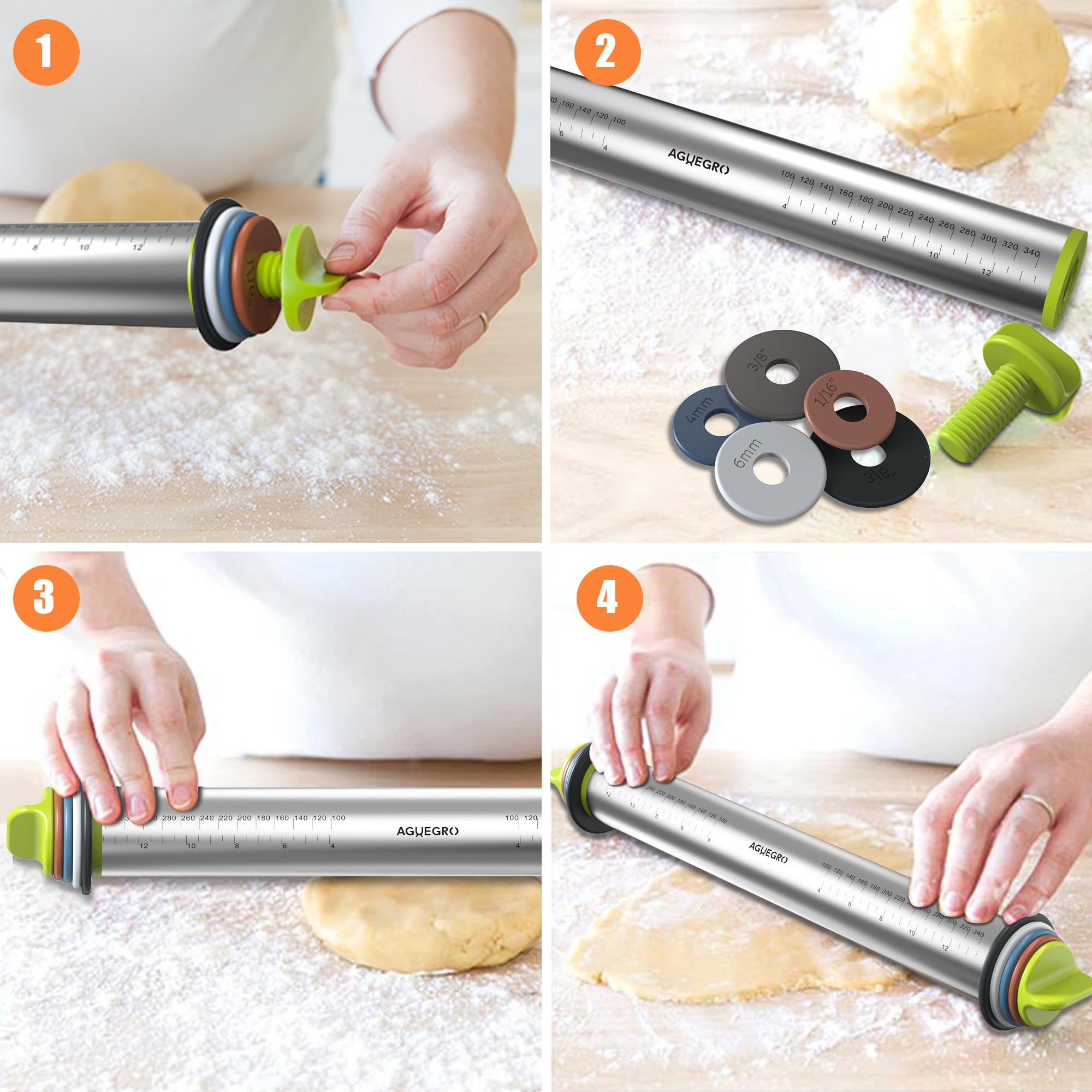 Premium Stainless Steel Rolling Pin with 4 Multi-Color Thickness Rings & Wooden Stand - 13.6