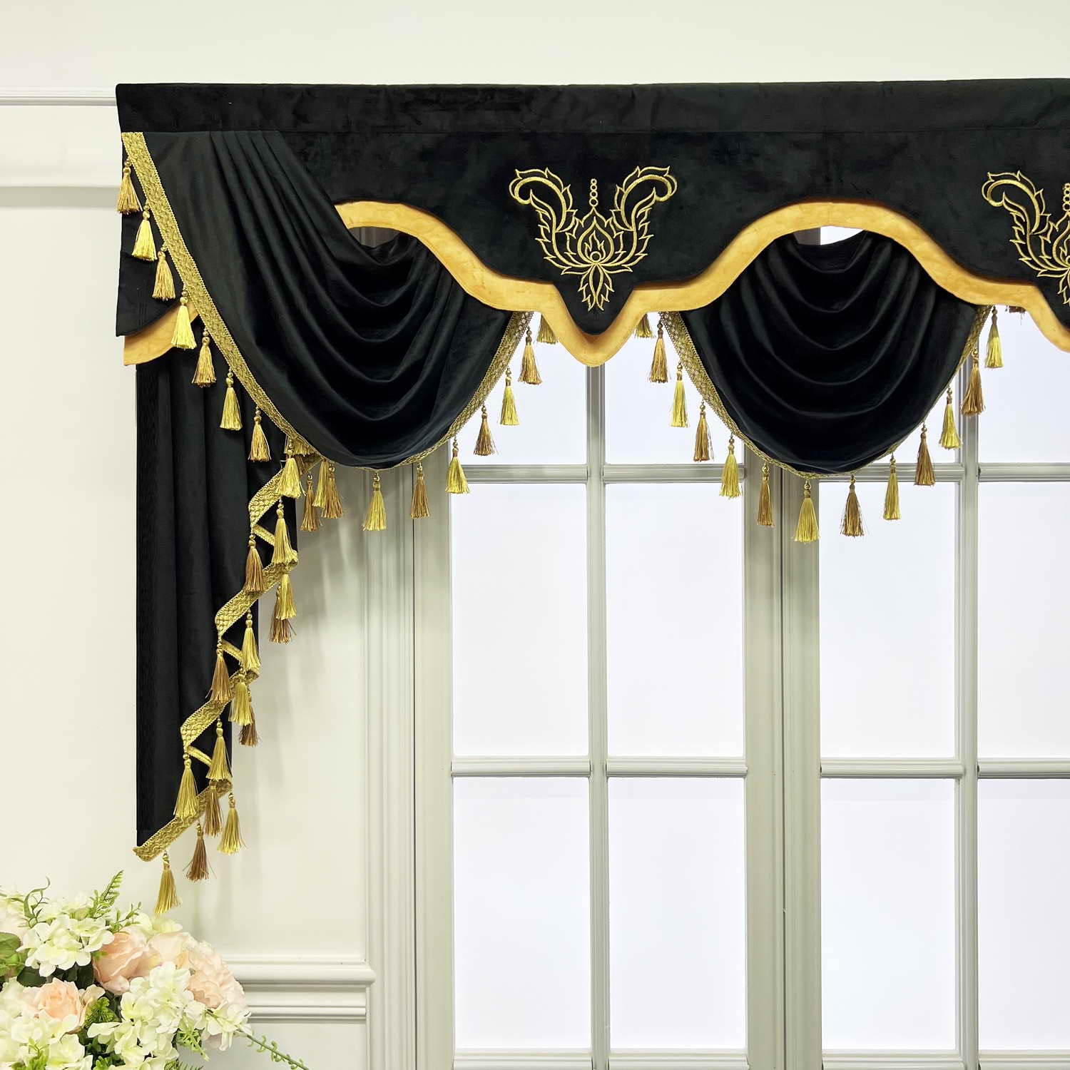 Black Velvet Curtain Valance with Gold Jacquard Trim - 110 Inch Wide Kitchen Window Valance for Living Room, Rod Pocket Top Waterfall Design | Perfect for Farmhouse Decor & Cozy Home Styling