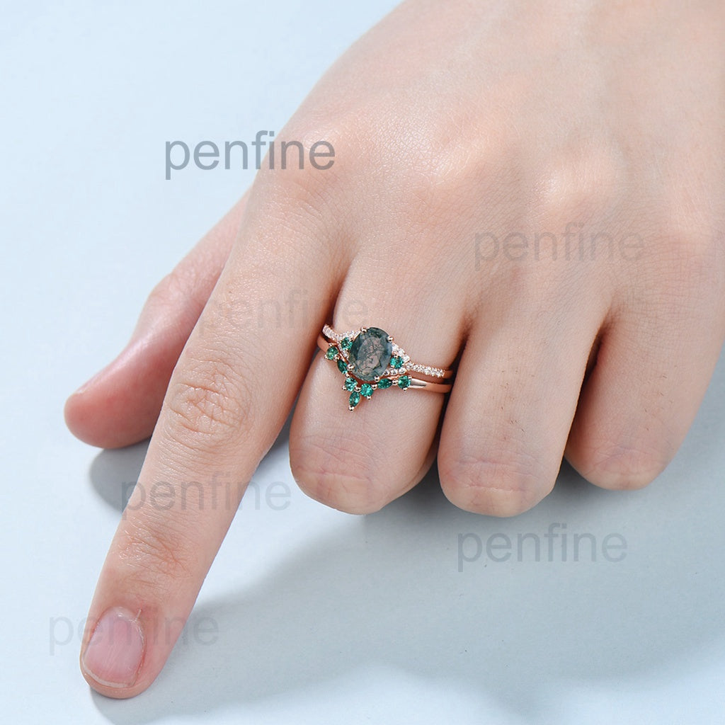 Elegant Moss Agate Ring Set - Vintage Green Stone Wedding Ring for Women, Unique Moss Agate Engagement Ring Bridal Set, Emerald Anniversary Gift - Perfect for Bridal Jewelry, Wedding Bands & Special Occasion Gifts
