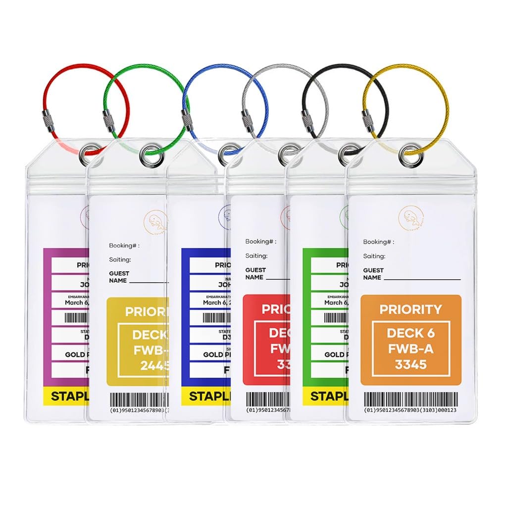 **Beluga Gears Cruise Luggage Tag Holders - Set of 6 with Colored Wire Loops, Fits All Printed Cruise Luggage Tags - Perfect for Cruise Vacations, Travel Organization & Bag Identification**