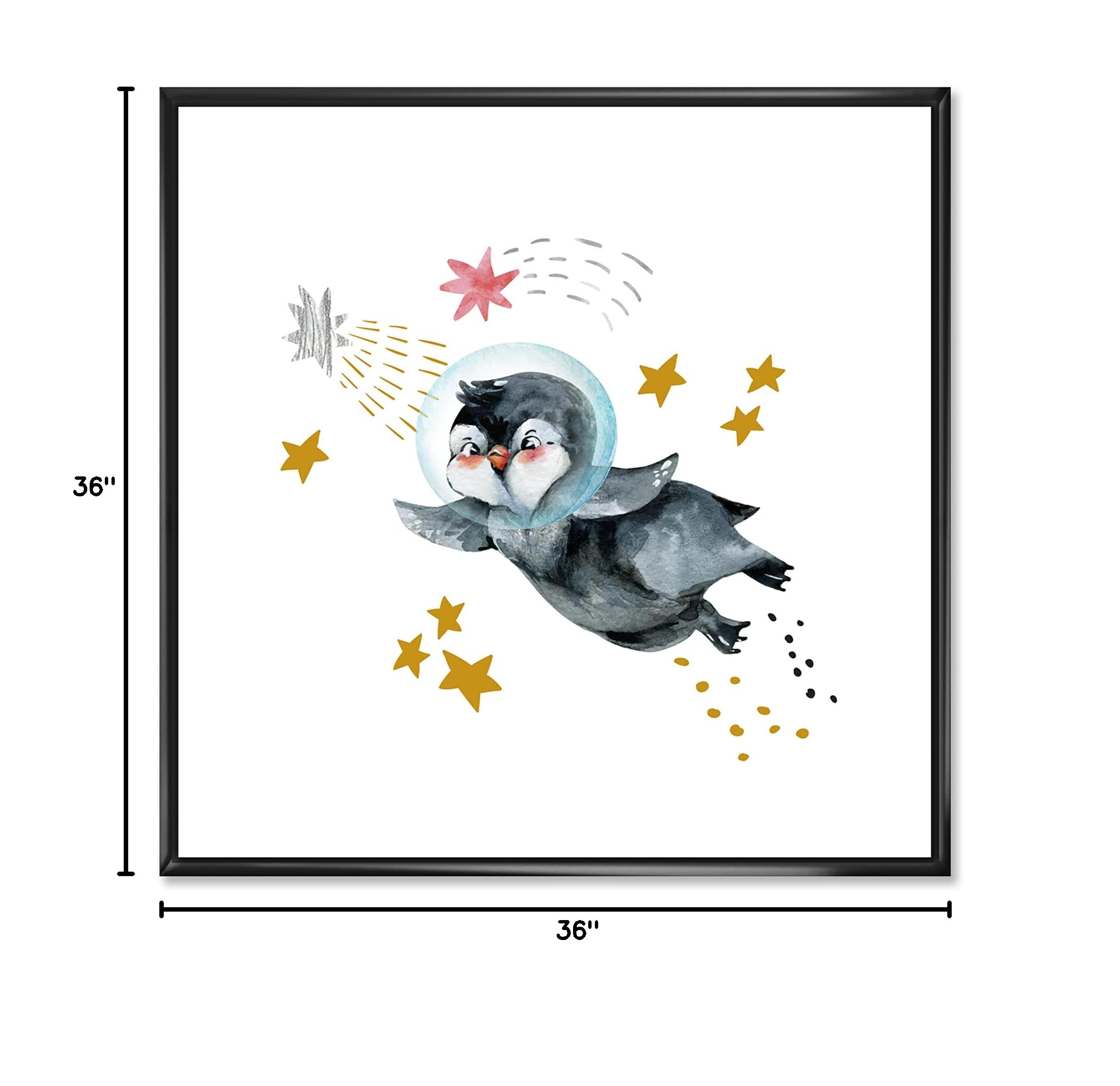 DesignQ Little Penguin Flying Stars and Planets I - Farmhouse Framed Canvas Wall Art Print for Living Room, Nursery & Bedroom Decor