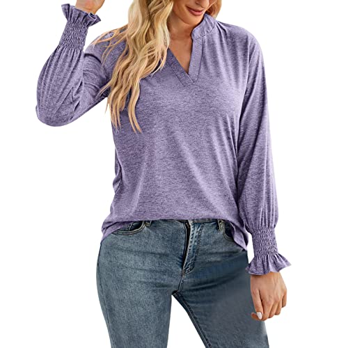 Women's Casual V-Neck Loose Fit Solid Color Ruffled Long Sleeve Blouse Top - Red & Purple Tee Shirts for Women (Size M) | Perfect for Work, Date Night & Everyday Wear