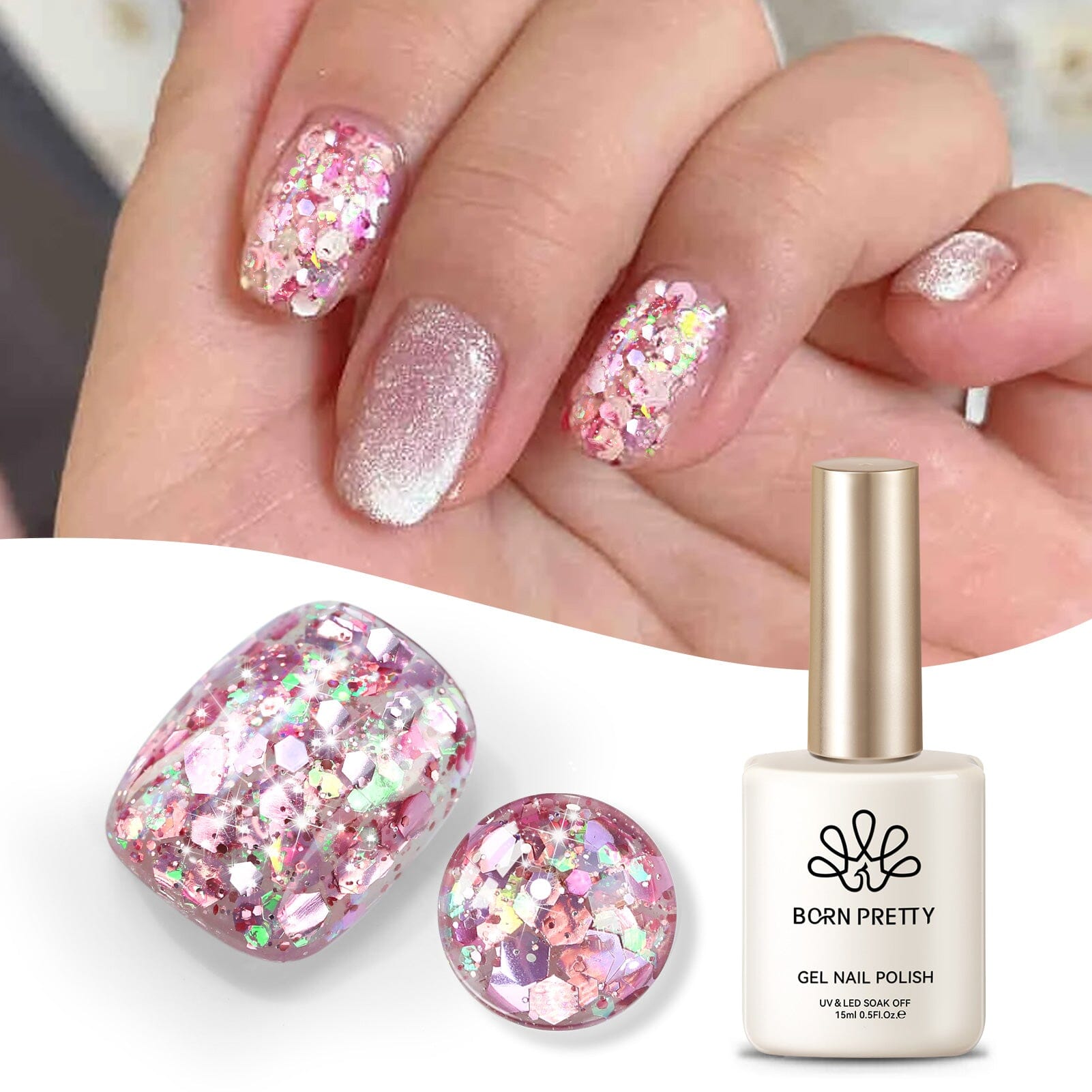 Rose Gold Glitter Gel Nail Polish - Fantasy Dream SG08, 15ml Long Lasting & High Shine for Manicures & Pedicures - Perfect for Parties, Weddings & Special Occasions