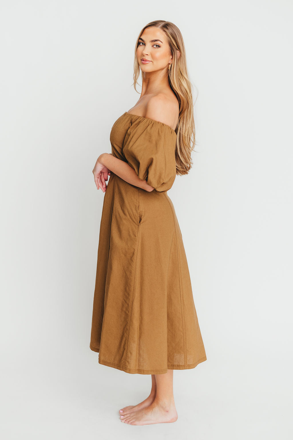 Serenity Off The Shoulder Midi Dress - Flowy Coconut Color Summer Dress for Women | Beach Wedding, Date Night, Vacation Outfit
